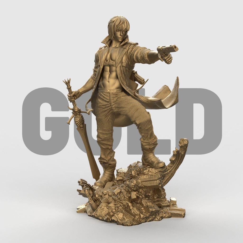 Dante figurine posed dynamically on rocky terrain, wearing a flowing red coat and holding a pistol aimed forward, with detailed sculpting and painted finish.