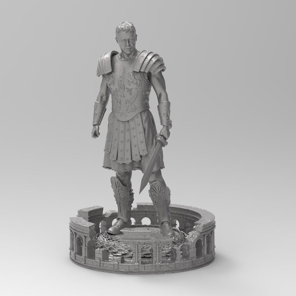 Statuette of The Gladiator, depicted in detailed armor with a sword in hand, standing confidently on a base featuring an intricate colosseum design and laurel accents.