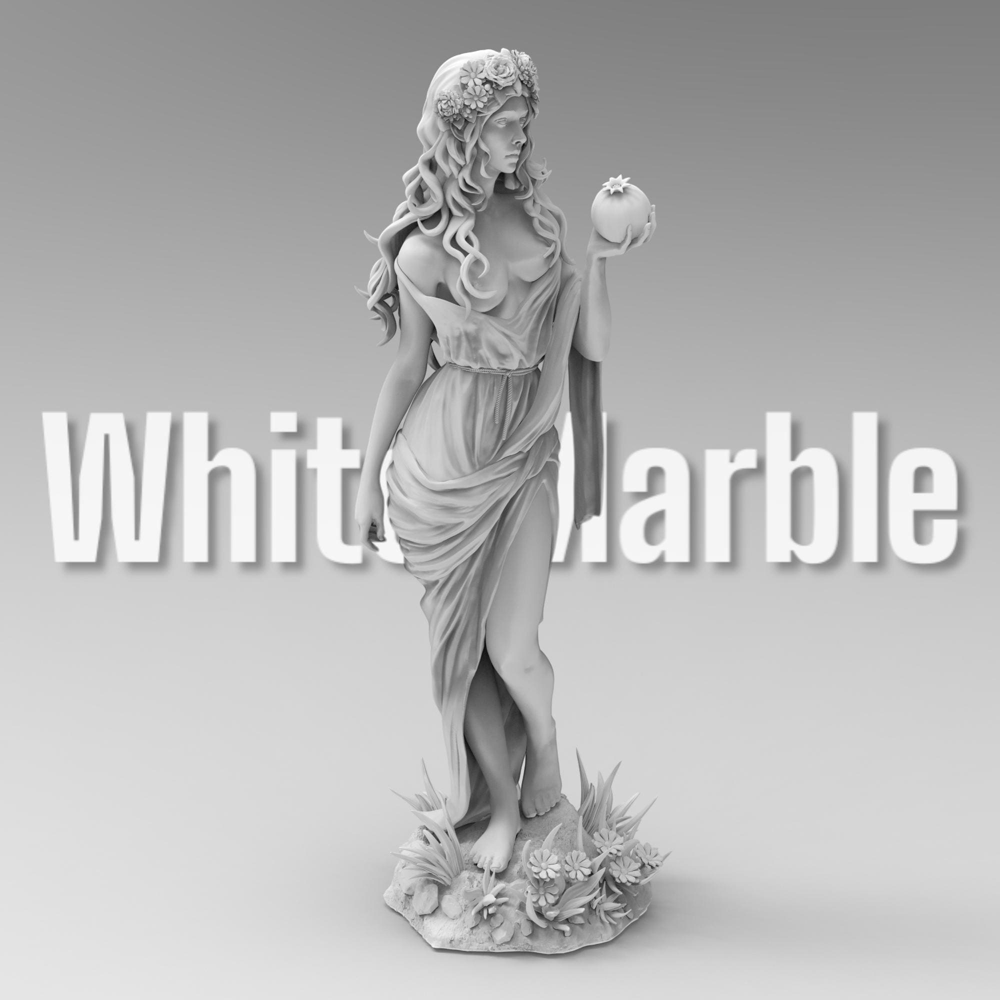 White marble-colored statue of a cowboy on horseback, holding a rope and equipped with a rifle and saddle gear, standing on a rugged base with detailed textures.