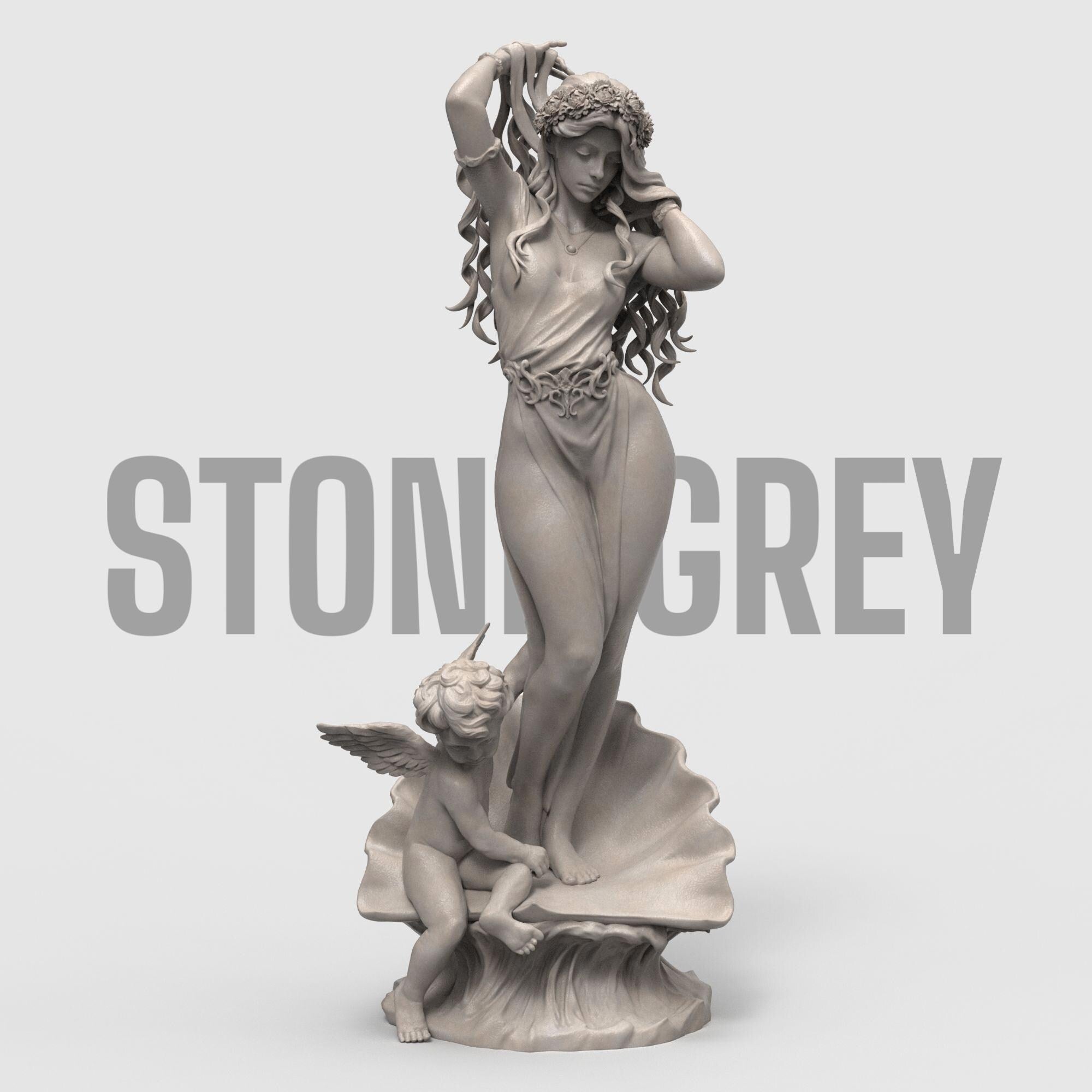 Aphrodite Robe Edition captures the goddess of love in an elegant pose, rising from a seashell as a cherub reaches toward her. This 3D-printed sculpture is a tribute to beauty and myth, featuring flowing hair, a delicate robe, and intricate detail that brings classical charm into any space.