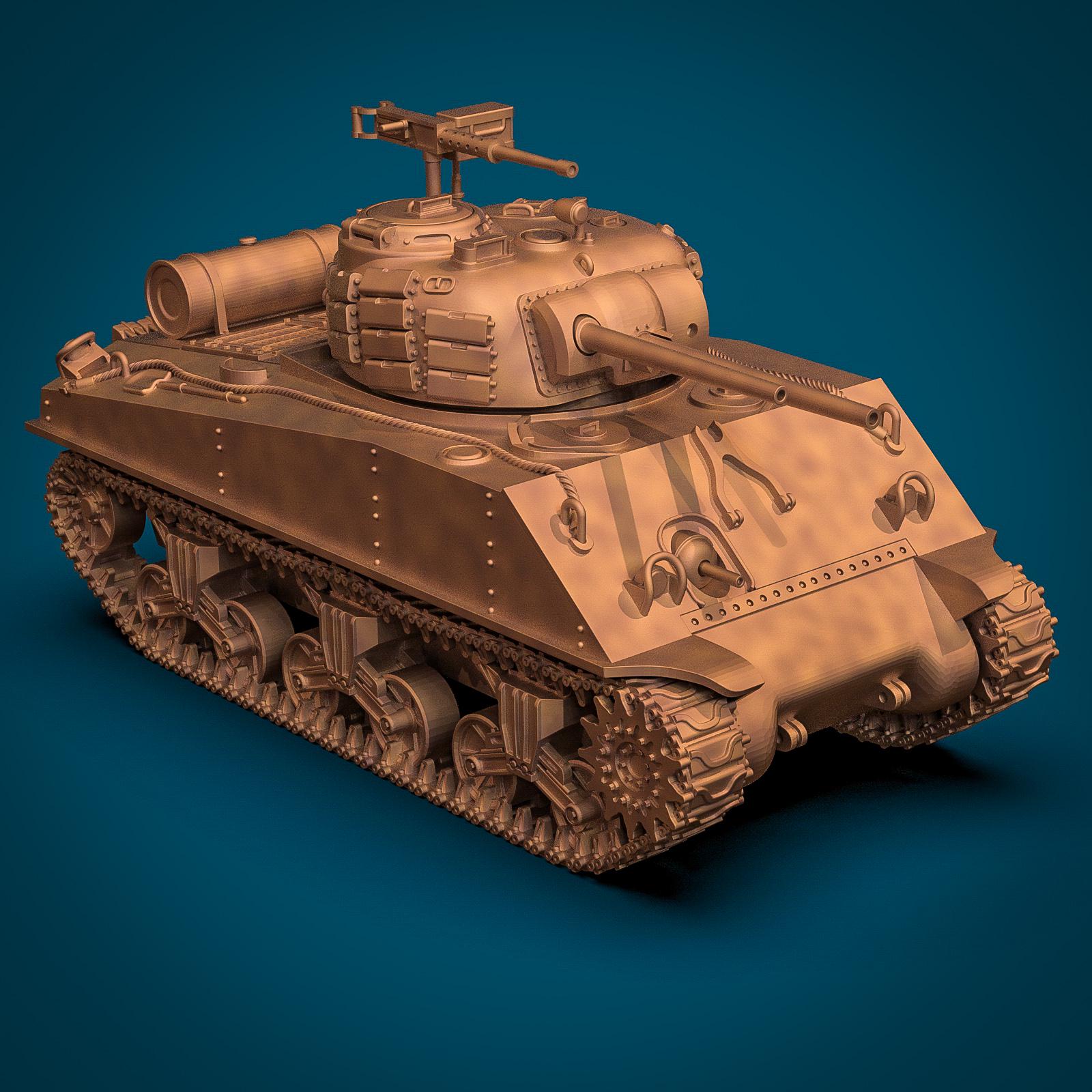 M4A3R3 Sherman Zippo tank miniature featuring detailed WWII US flamethrower tank design, twin barrels, armored turret, realistic tracks, and surface panel details. Resin military model for tabletop wargaming, dioramas, and collectors.