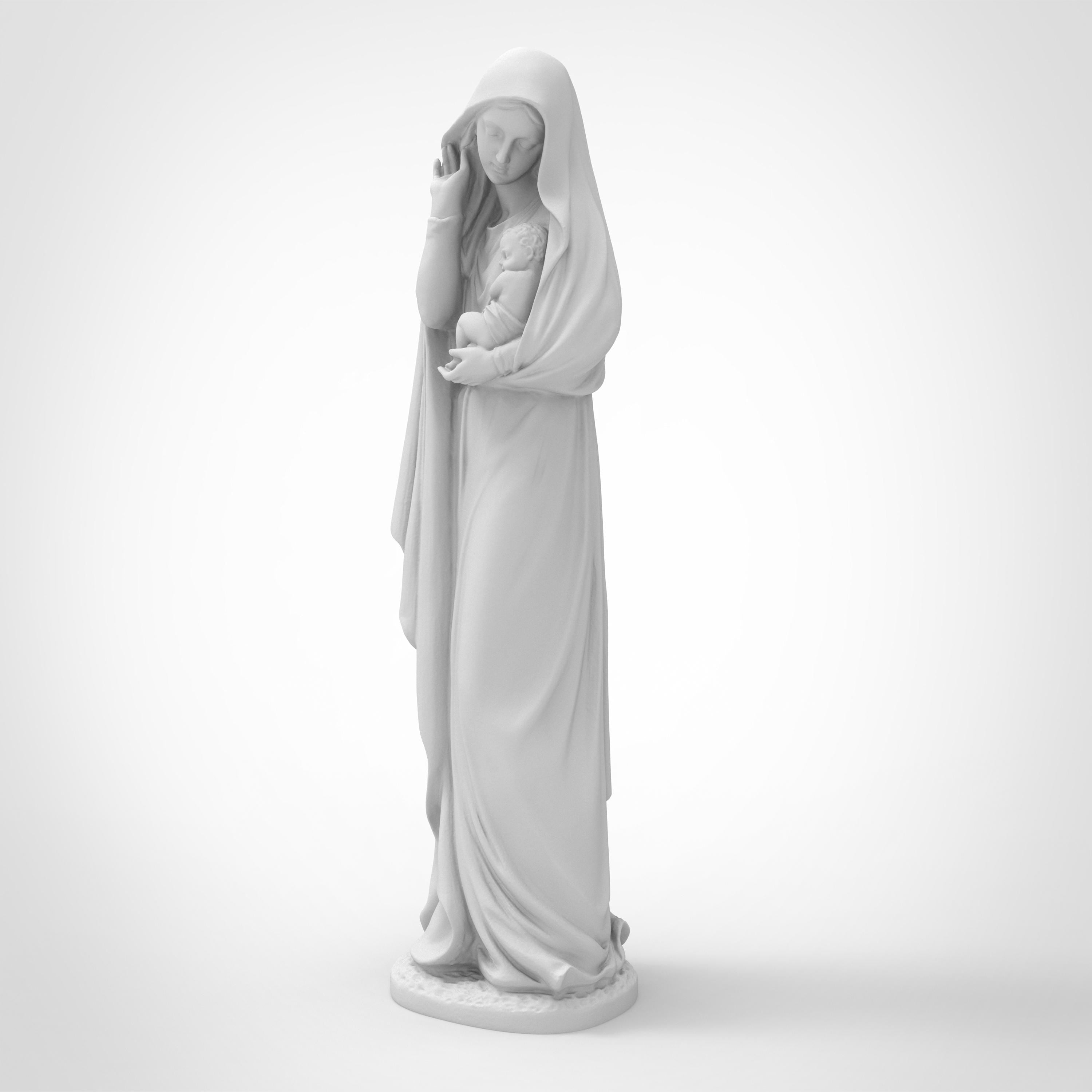 Graceful and serene, this Virgin Mary statuette captures a tender moment of maternal love. Cloaked in flowing robes and cradling baby Jesus, it&#39;s a symbol of purity and peace—perfect for sacred spaces, spiritual gifts, or heartfelt décor.