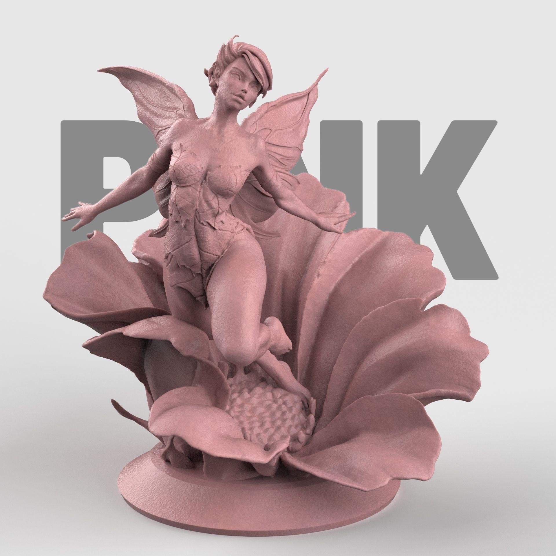 3D-printed figurine of a graceful fairy with delicate wings, poised elegantly atop a blooming flower. The fairy’s flowing form and detailed floral base highlight fantasy artistry, making it a stunning collectible or home décor piece.