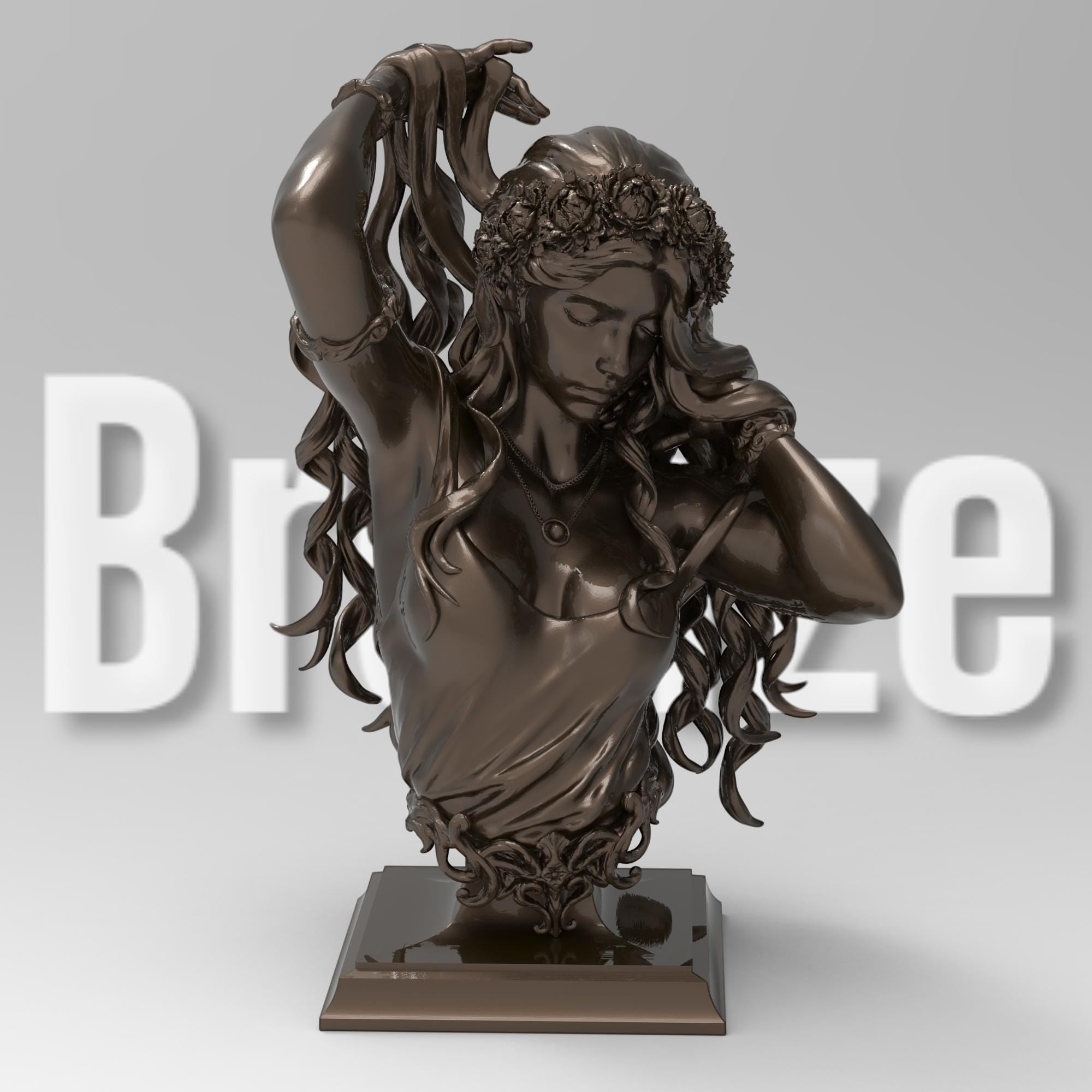 Bronze-colored Aphrodite Bust Statuette featuring intricate details, flowing hair, floral crown, and delicate jewelry, capturing a serene and graceful pose on an ornate pedestal.