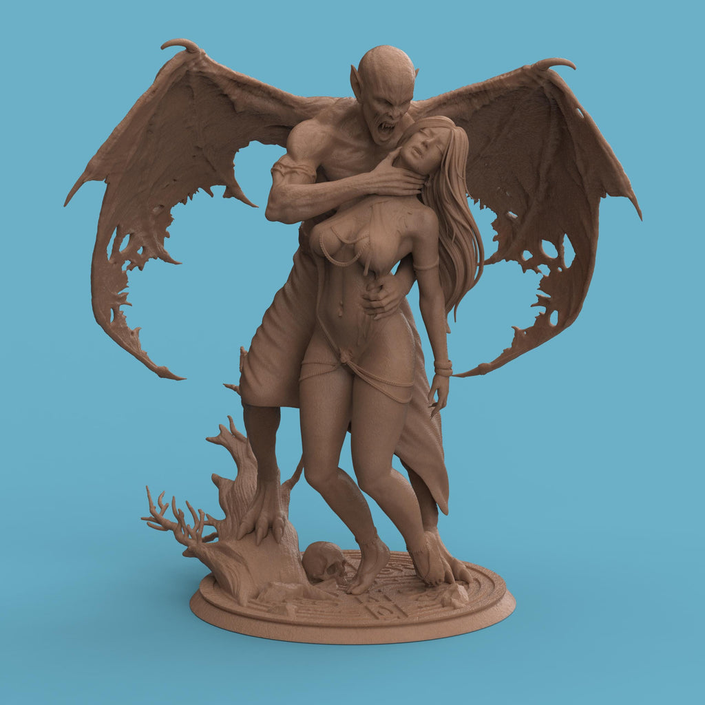 3D-printed Dracula’s Desire figurine featuring a dramatic vampire and victim scene, capturing gothic passion and dark fantasy. The detailed sculpture showcases expressive poses, intricate anatomy, and realistic textures — from tattered wings to flowing hair — symbolizing temptation, dominance, and the timeless allure of the night.