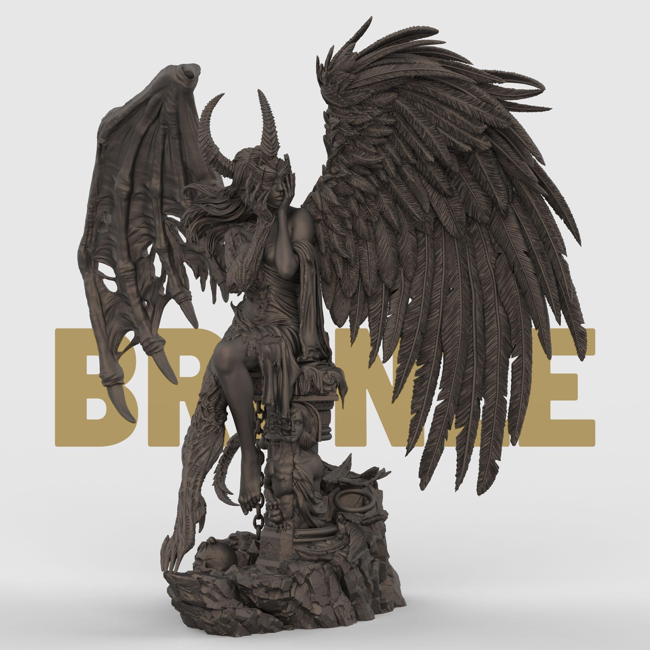 Highly detailed 3D-printed statue titled The Face of Evil, featuring a haunting hybrid figure with dual wings—one angelic and feathered, the other demonic and torn. The character sits on a throne-like structure, covering her face with clawed hands, with ram-like horns and a mix of human and beast features. The base includes crumbling stone, chained limbs, and scattered relics, evoking a dark, mythological aesthetic.