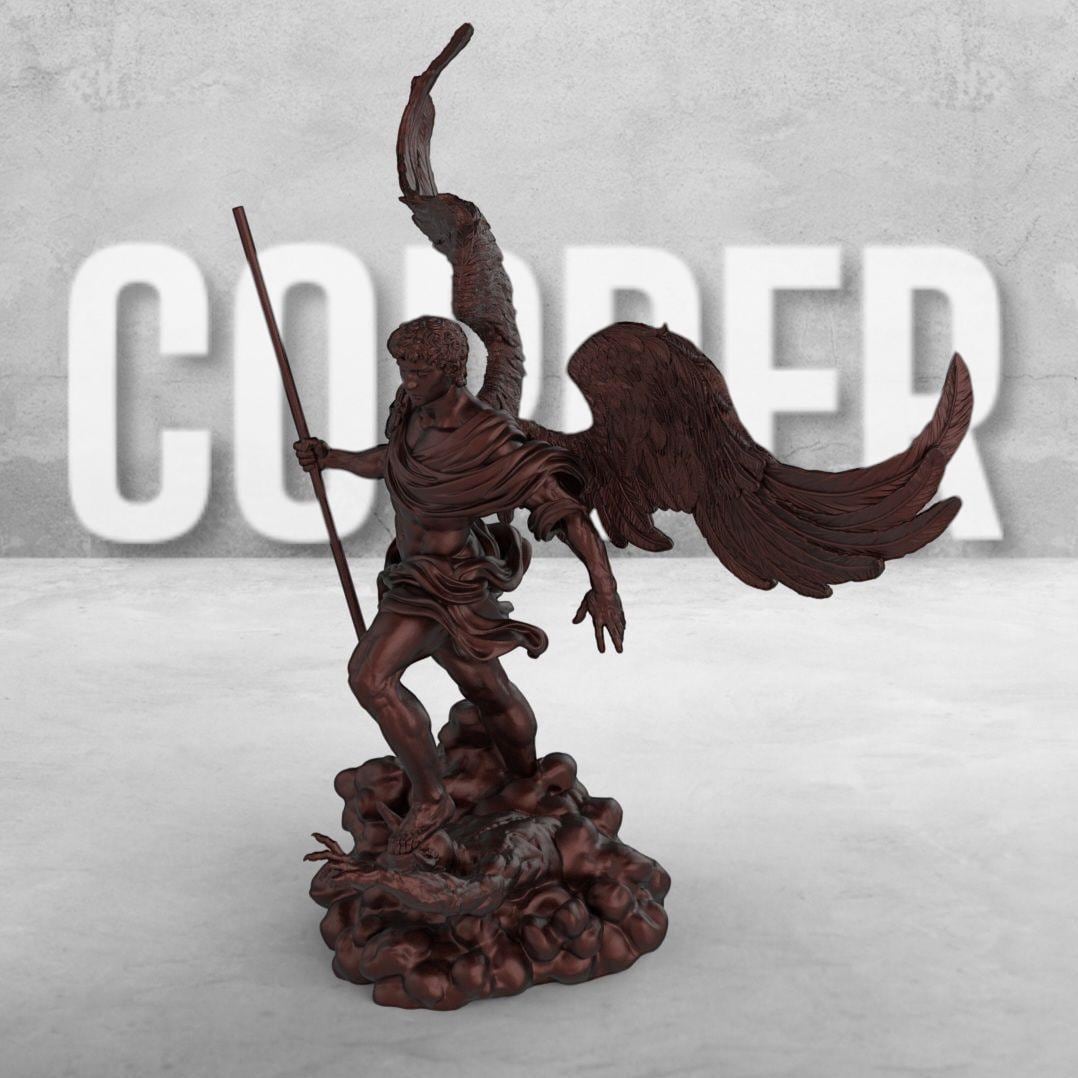 Statue of Archangel with large wings, standing over a defeated demon. Holding a spear, he wears a flowing robe. The base has swirling clouds, symbolizing divinity. Available in multiple finishes.