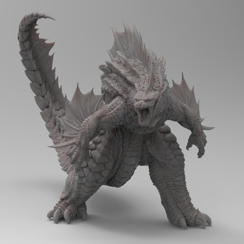 Highly detailed statue of Godzilla Reborn in a dynamic pose, showcasing sharp spines, textured scales, and an aggressive stance, rendered in a gray stone-like finish.