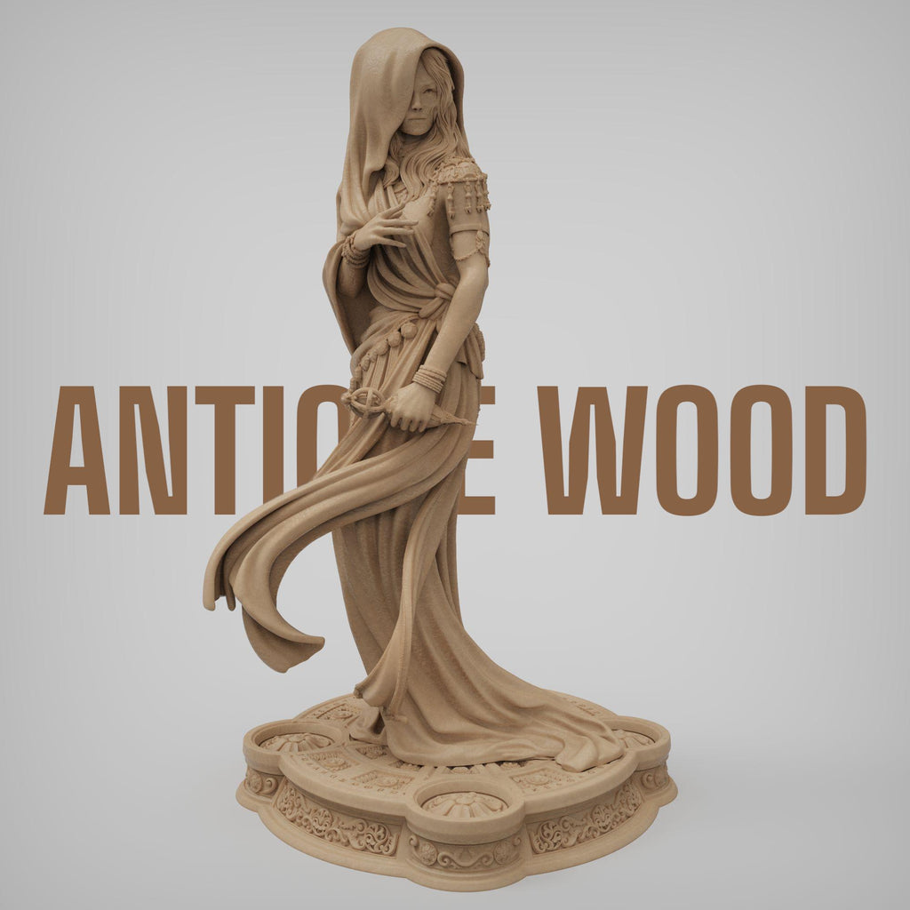 Klotho the Moirai, the spinner of fate, is captured here in an elegant and mysterious pose, cloaked in flowing robes and holding the thread of destiny. This highly detailed sculpture embodies grace, power, and mythic allure—perfect for collectors of fantasy art, mythology, and Greek legends.