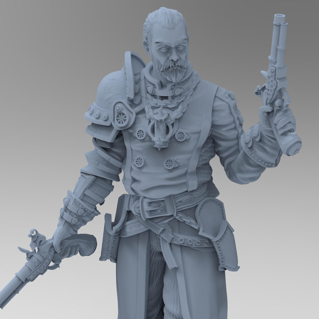 Stoic and battle-worn, Father McKinley stands with dual flintlock pistols and a righteous glare. Adorned in detailed layered armor and a long flowing coat, this miniature captures a holy gunslinger ready to purge evil with fire and faith.