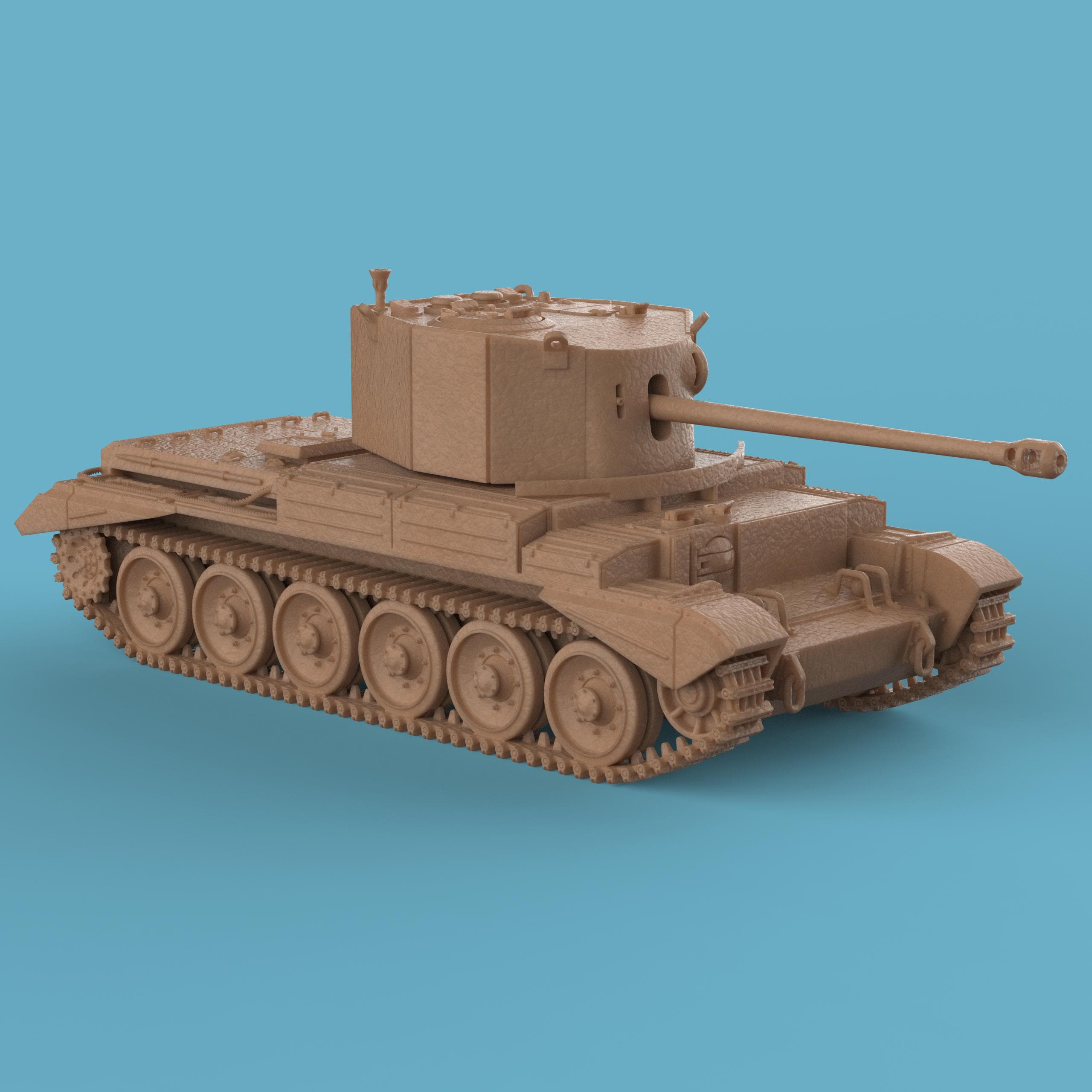 A tabletop miniature model of the A30 Challenger Tank, featuring a detailed turret with a long barrel, six large road wheels on each side, and distinct track and hull details. The model has a textured finish, resembling a scaled-down, resin-cast military tank displayed against a plain blue background.