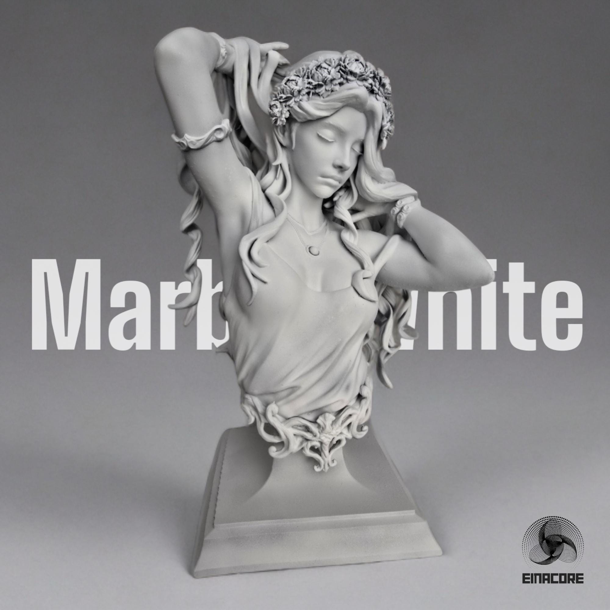 Marble white-colored Aphrodite Bust Statuette featuring intricate details, flowing hair, floral crown, and delicate jewelry, capturing a serene and graceful pose on an ornate pedestal.