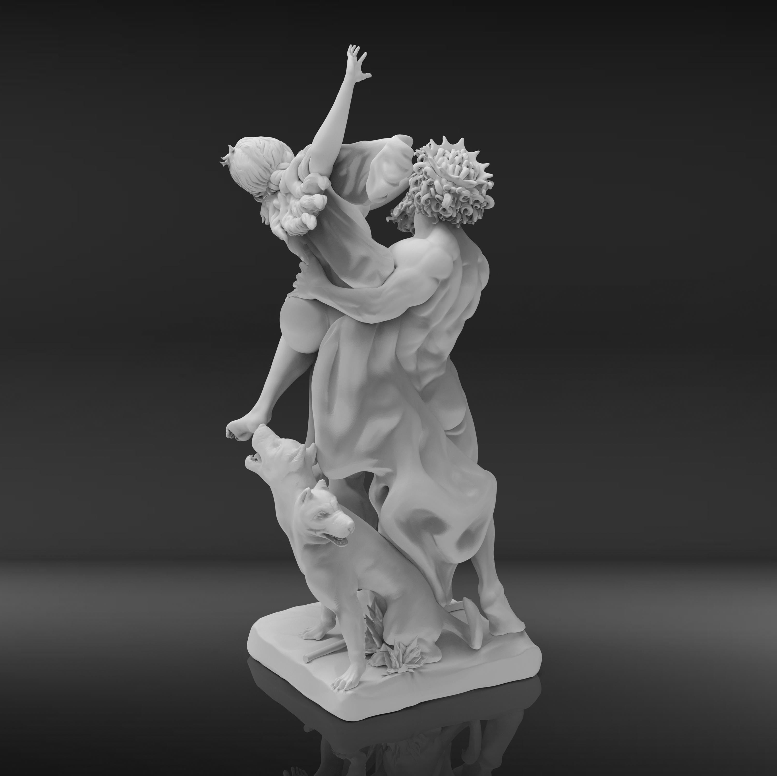 A detailed 3D sculpture of &quot;The Rape of Proserpina,&quot; depicting Pluto forcefully abducting Proserpina. The dramatic pose captures movement, with Proserpina reaching out in distress, Pluto gripping her firmly, and Cerberus at their feet.