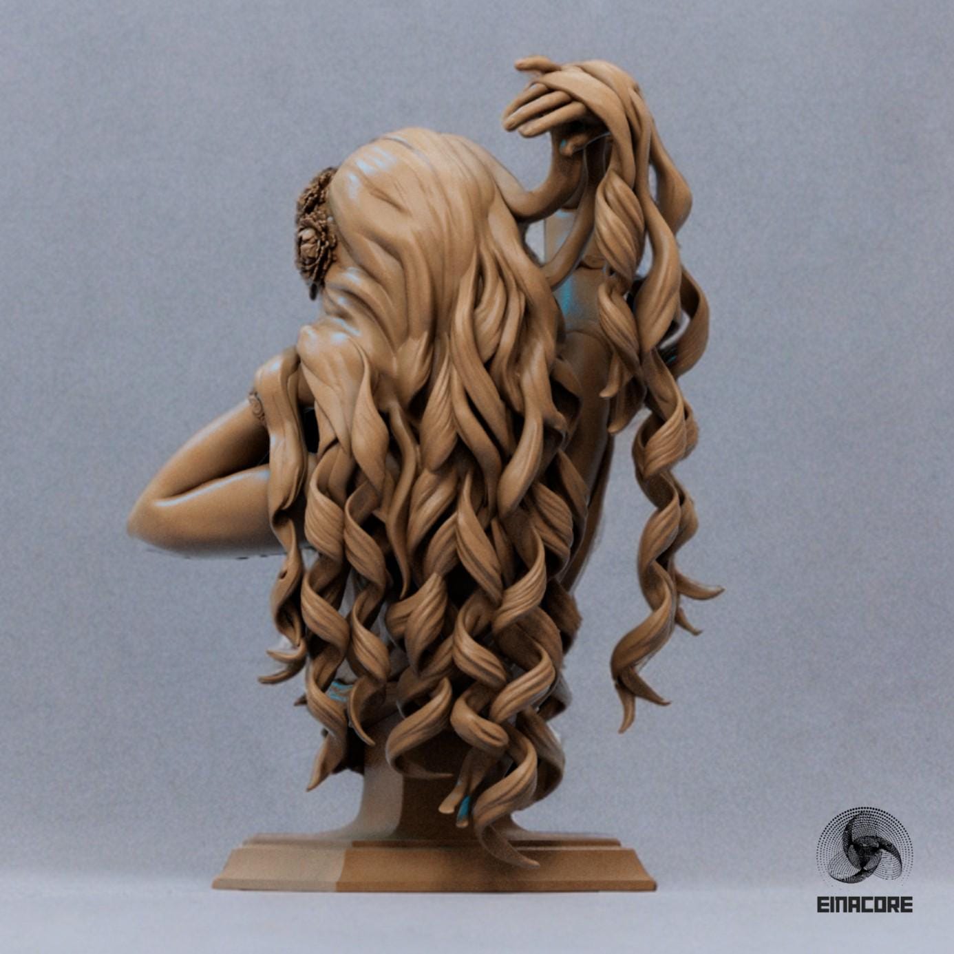 Antique wood-colored Aphrodite Bust Statuette featuring intricate details, flowing hair, floral crown, and delicate jewelry, capturing a serene and graceful pose on an ornate pedestal.