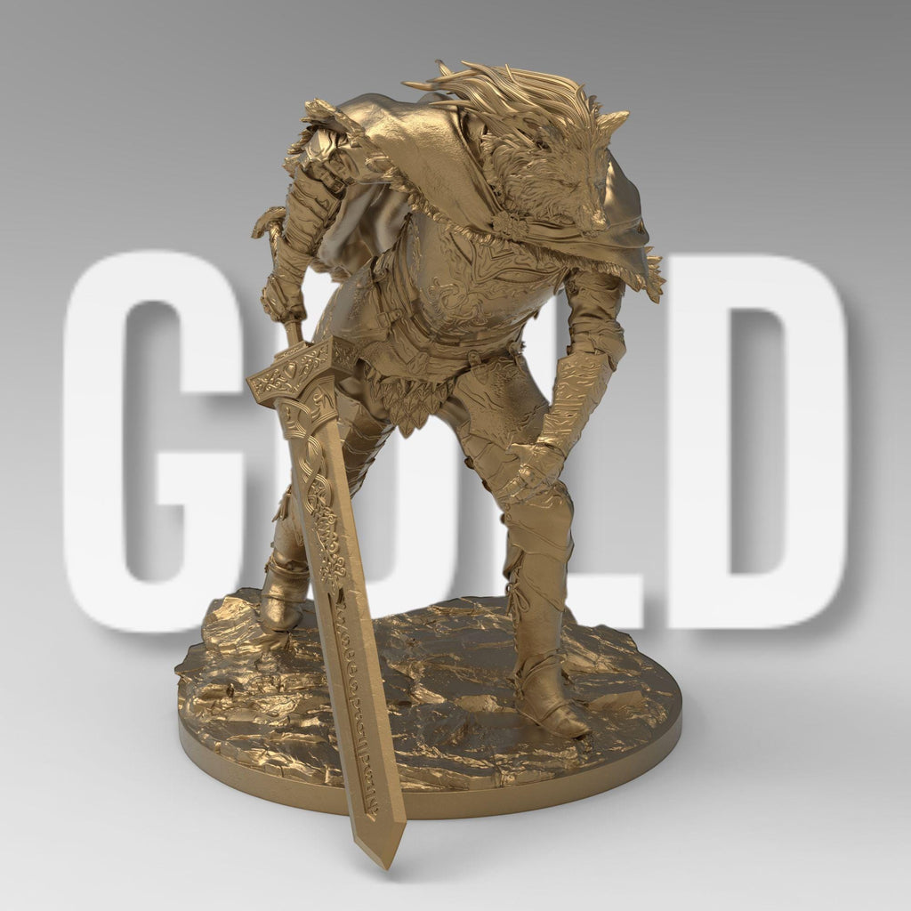 3D-printed figure of Blaidd from Elden Ring, capturing his wolf-like features and imposing armor. Standing tall with a fierce expression, this statue embodies the half-wolf warrior's noble and loyal nature, sword drawn and ready for battle.