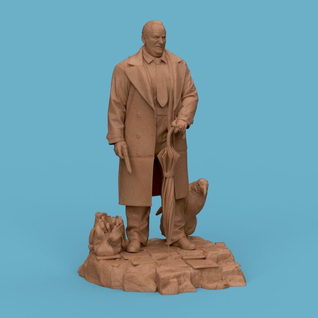 3D-printed figurine of The Penguin Man standing on a textured stone base, holding an umbrella and a gun, with two penguins by his side. The sculpture showcases detailed clothing folds and facial expression, making it ideal for collectors of cinematic or villain-inspired art pieces.
