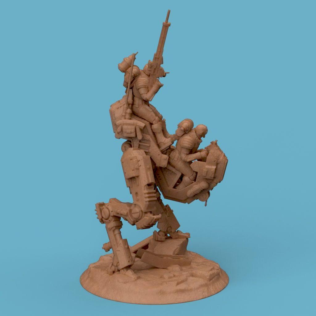 3D-printed model of the Vendetta Deathmark, featuring a futuristic mech walker piloted by armored soldiers. The detailed design includes mechanical limbs, weapon mounts, and a rugged battlefield base, perfect for sci-fi collectors and tabletop gaming enthusiasts.