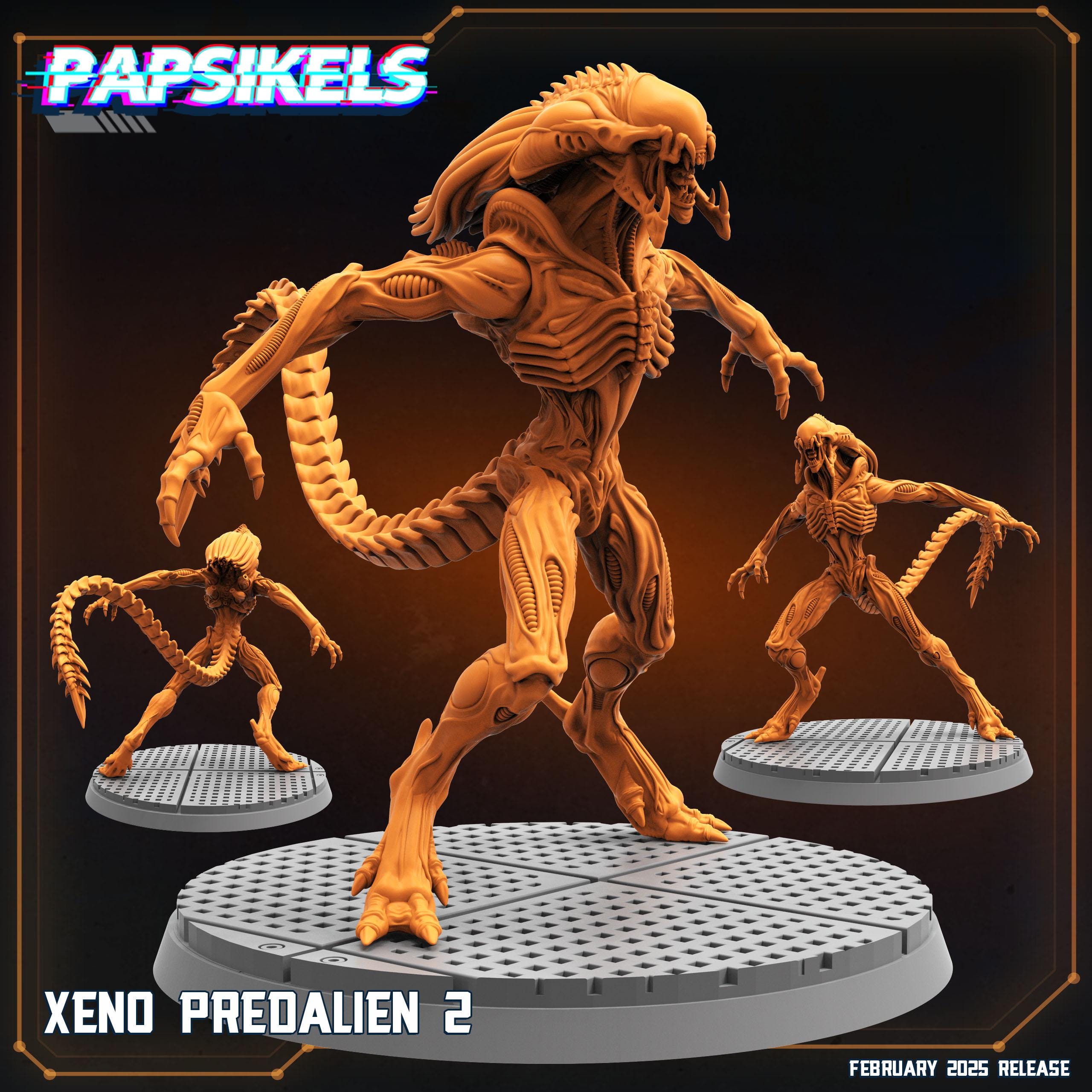 A terrifying alien creature with an elongated head, sharp claws, and biomechanical details, standing on a sci-fi platform. Its powerful stance and menacing posture make it a formidable figure, perfect for RPG or tabletop games.
