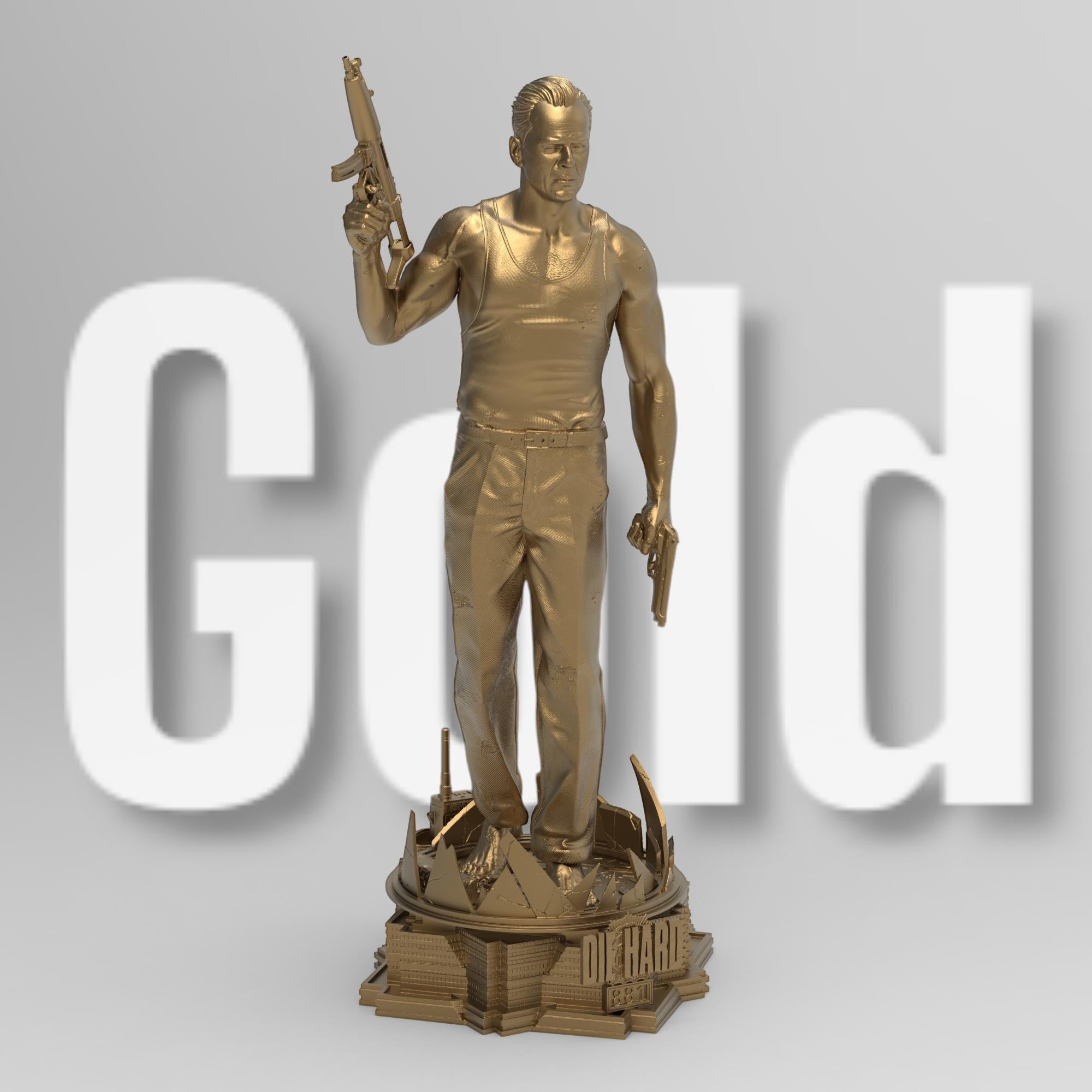 A detailed 3D-printed statue of McLane of Mayhem, posed dynamically with a machine gun and pistol, standing atop a sculpted base featuring shattered glass and city elements. Perfect for collectors and action movie fans.