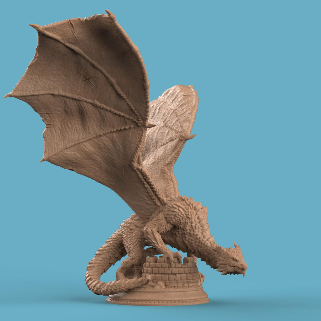 3D-printed Azmordion Silver Dragon miniature with massive outstretched wings, detailed scales, and a coiled tail perched against a ruined stone wall. Fantasy dragon collectible perfect for tabletop games or display.