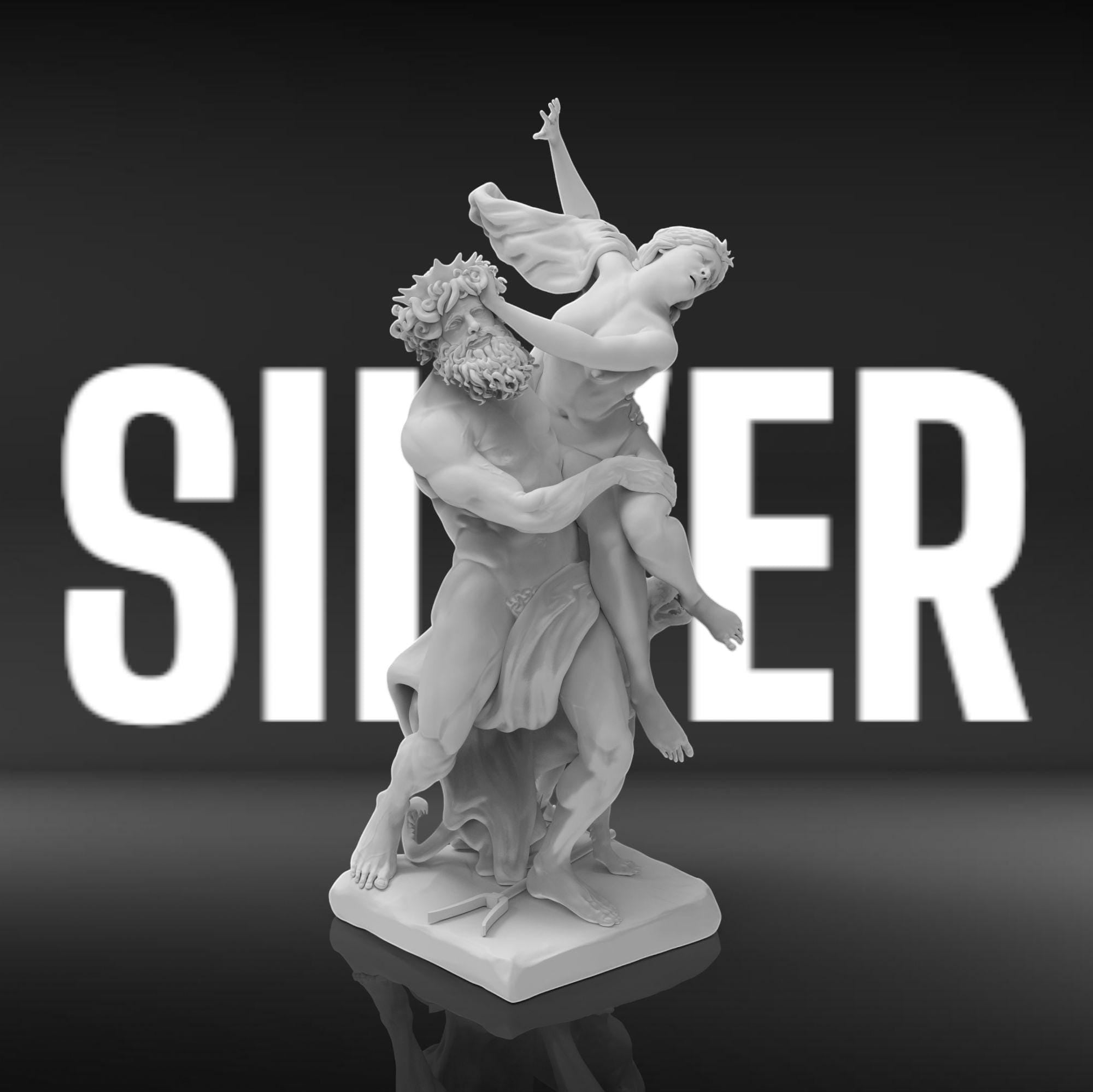 A detailed 3D sculpture of &quot;The Rape of Proserpina,&quot; depicting Pluto forcefully abducting Proserpina. The dramatic pose captures movement, with Proserpina reaching out in distress, Pluto gripping her firmly, and Cerberus at their feet.