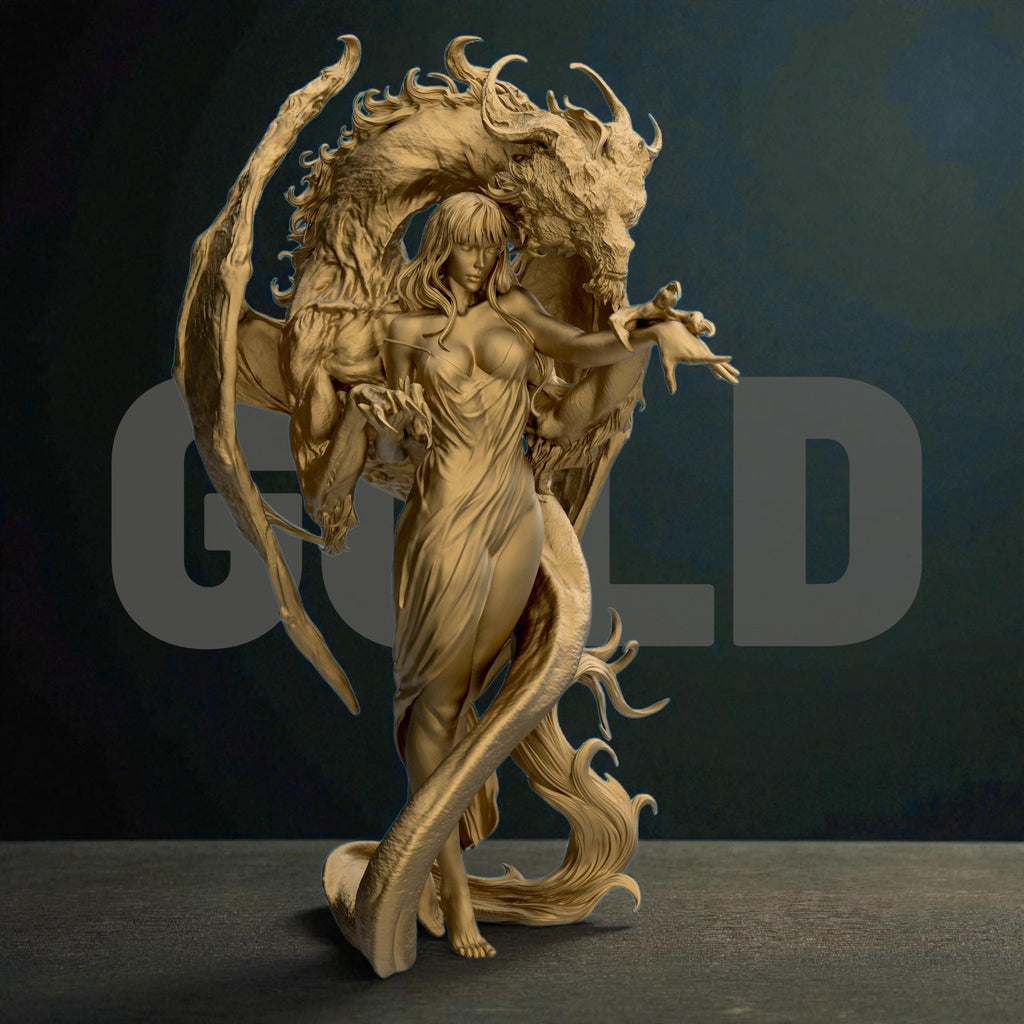 3D-printed Dragon Lady figurine featuring an elegant woman entwined with a majestic dragon. The sculpture blends beauty and power, with intricate textures on the dragon’s wings and scales, and flowing details in the woman’s hair and dress — a captivating fantasy centerpiece symbolizing harmony between strength and grace.