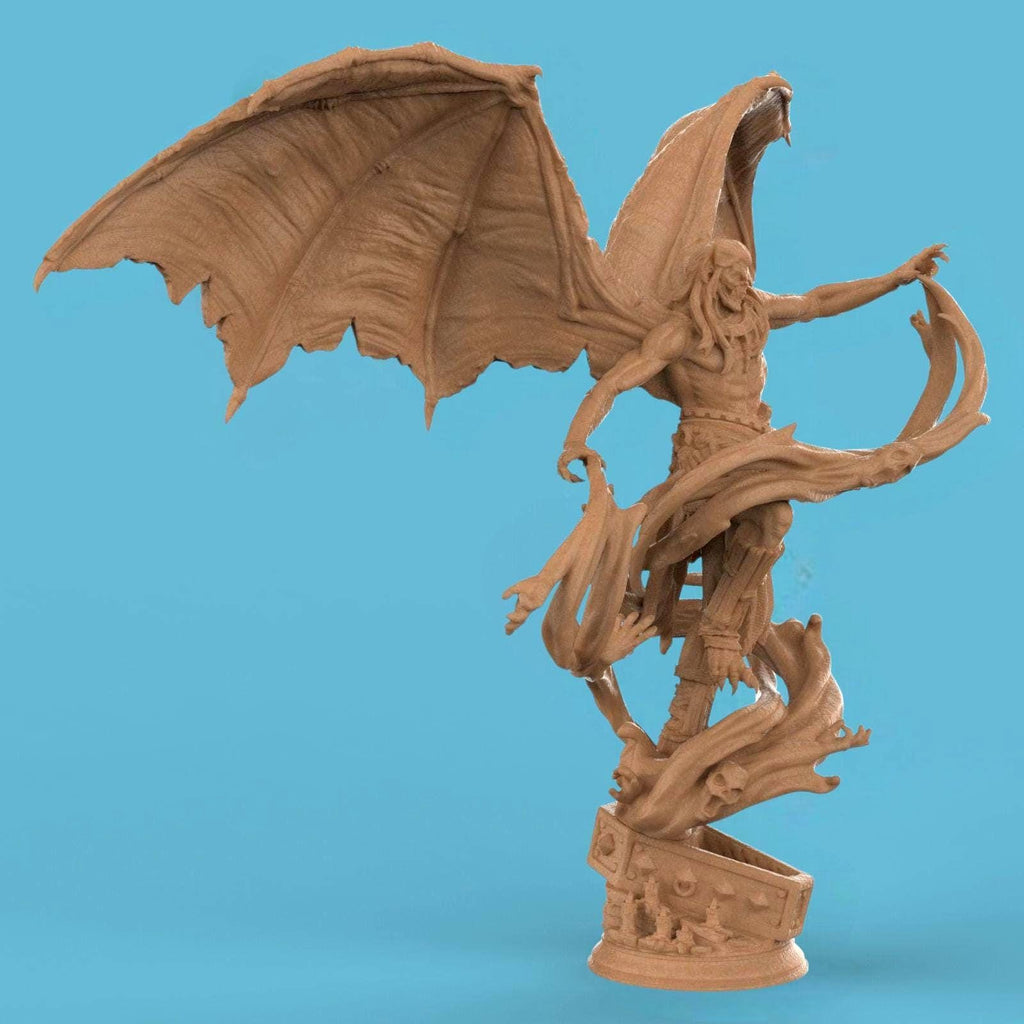 3D-printed statue of Elder Vampire Theldranax, a demonic figure with massive wings, sharp horns, and a muscular form. Twisting spectral hands and tendrils rise from the base, entwining the vampire as he looms with an ominous, commanding presence.