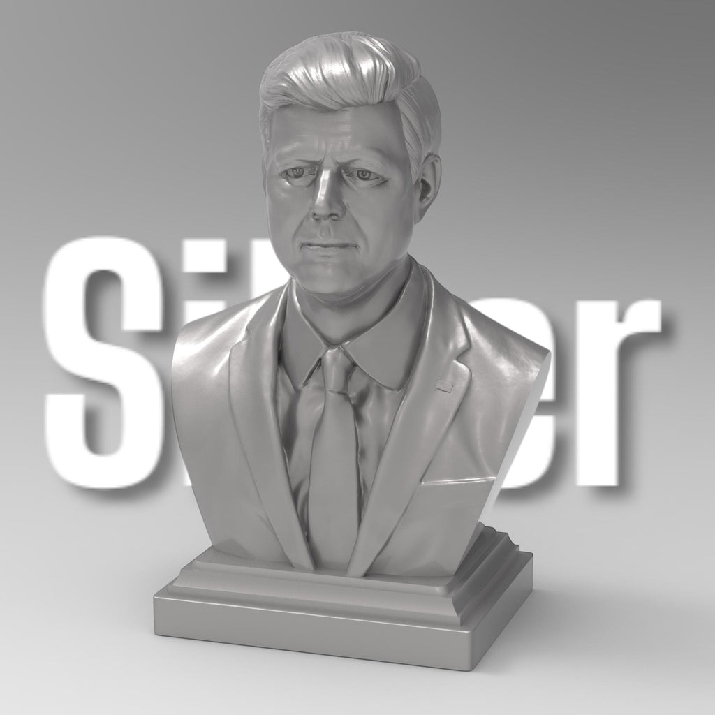 Detailed bust of John F. Kennedy, depicting the 35th U.S. president in a suit and tie with a serious, contemplative expression. The sculpture captures his distinctive hairstyle and strong features, mounted on a classic pedestal base.
