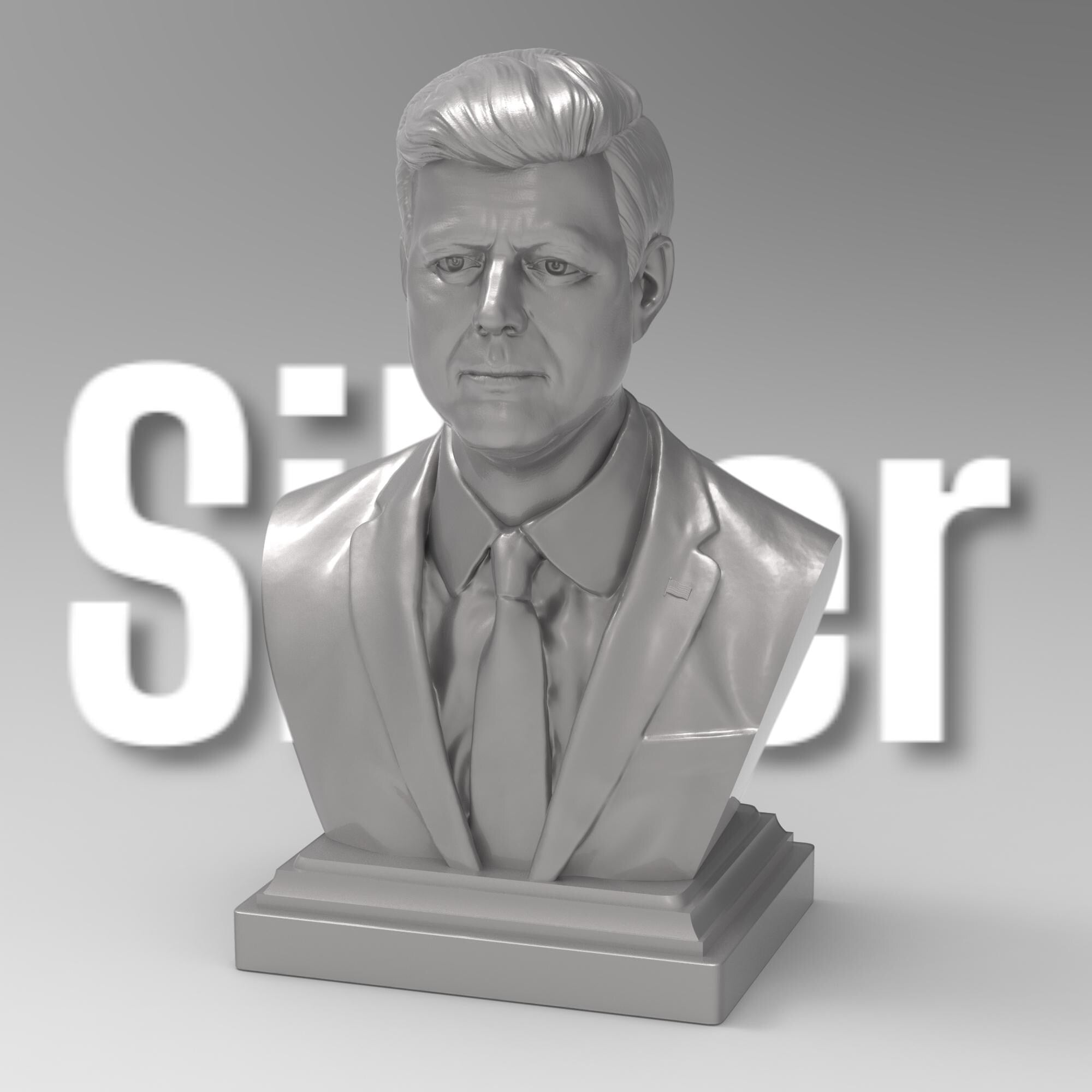 Detailed bust of John F. Kennedy, depicting the 35th U.S. president in a suit and tie with a serious, contemplative expression. The sculpture captures his distinctive hairstyle and strong features, mounted on a classic pedestal base.