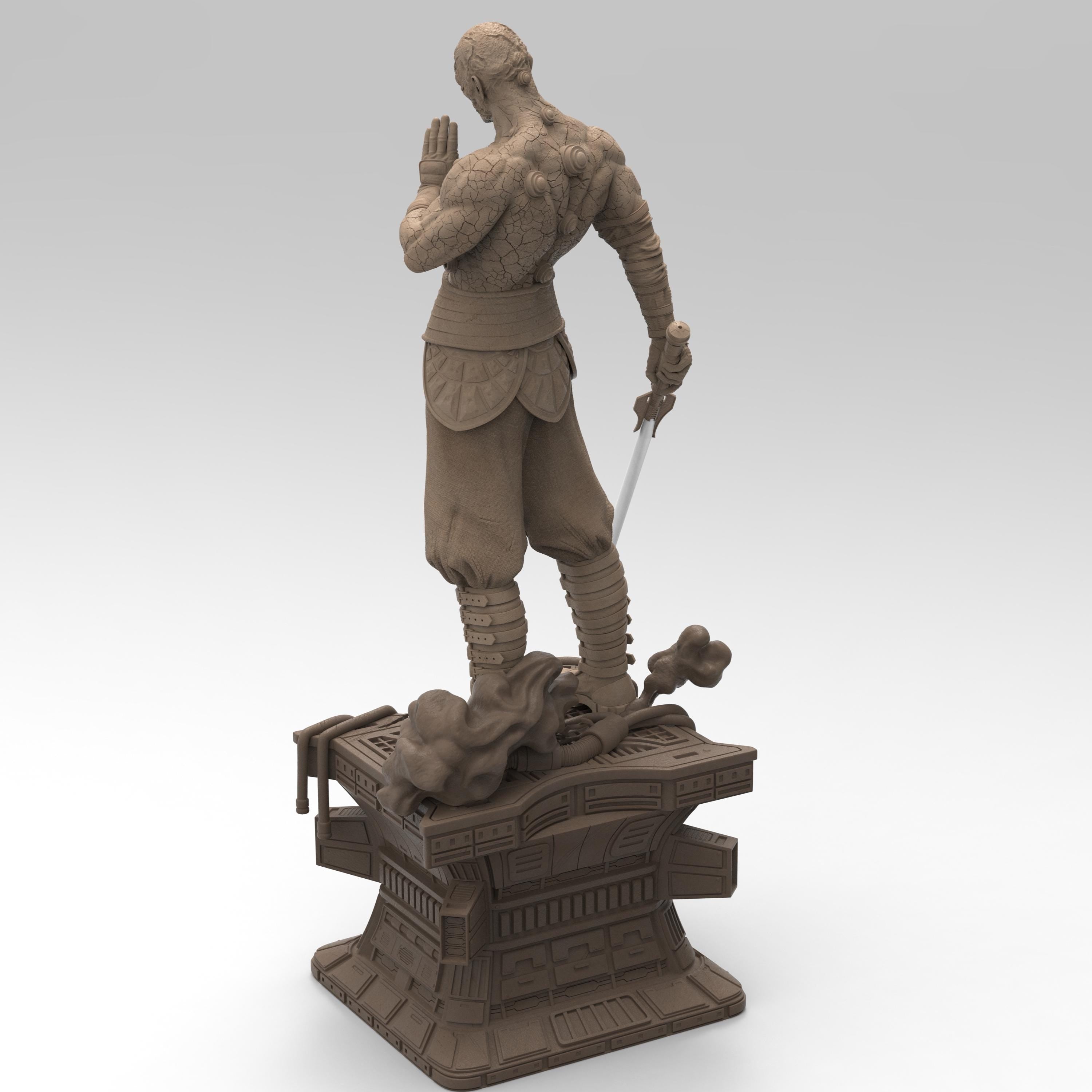 Darth Sion statue, showcasing the Sith Lord’s cracked stone-like body. He stands on a futuristic base, gripping a lightsaber, exuding menace. His battle-worn armor and intense gaze reflect his mastery of the dark side, embodying pain and hatred.