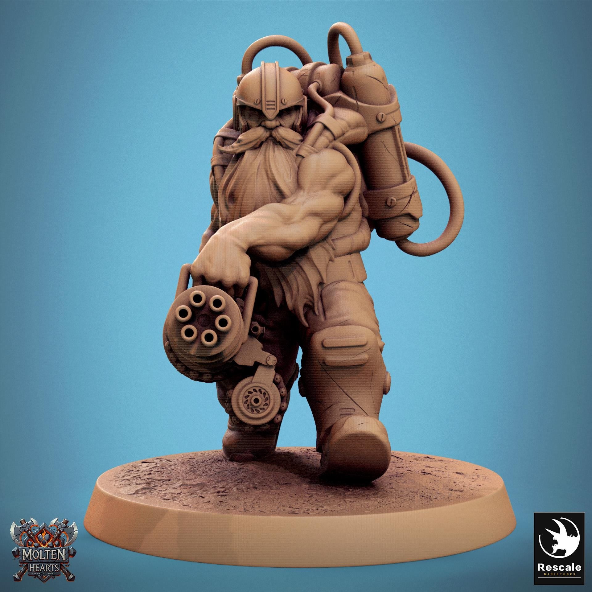 The Dwarf Steampunk gunslinger wields dual intricate pistols, clad in heavy boots and a mechanical backpack. His long beard flows beneath his goggles as he stands ready for battle, a fusion of dwarven grit and advanced steampunk technology.