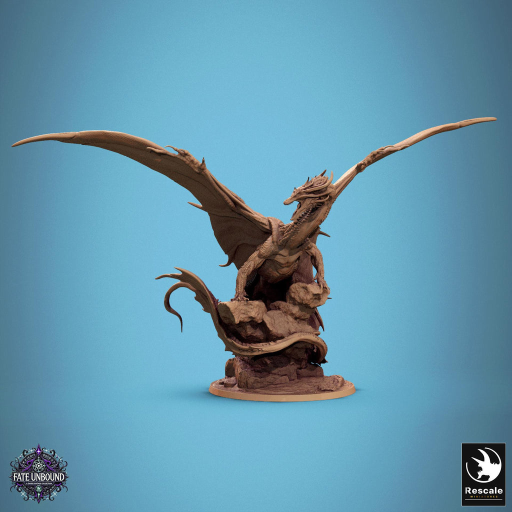 RPG miniatures set from Fate Unbound by Rescale Miniatures. Features various winged creatures, armored warriors, and dragons posed dynamically, ideal for tabletop games.