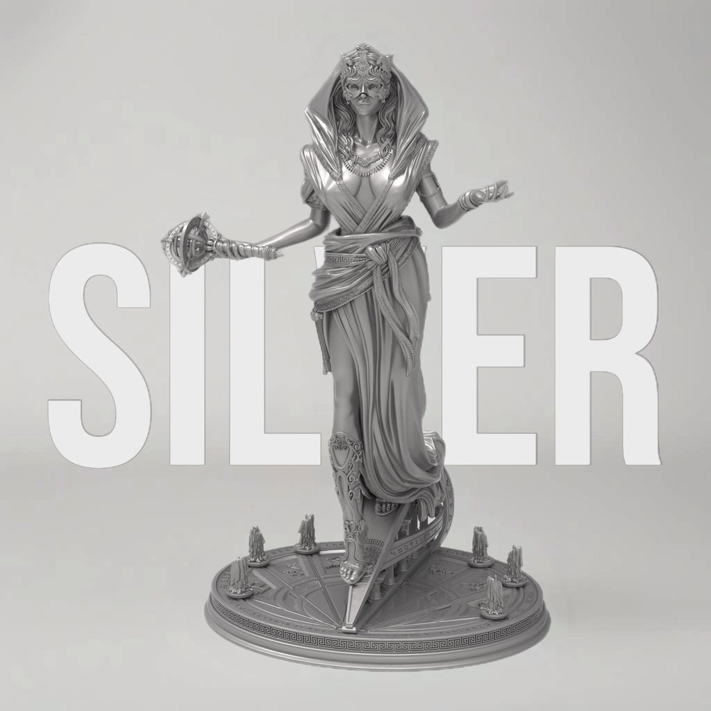 Elegant statue of Lakhesis, the Moirai. Draped in flowing robes with intricate details, a veiled face, and a majestic headdress. Symbolizing the measurer of fate, she stands with a poised and mystical presence.