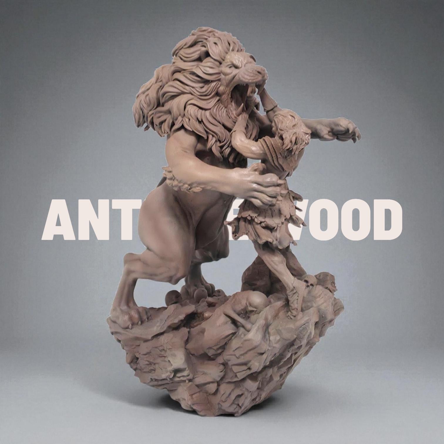 A sculpture of Heracles wrestling the Nemean Lion. The muscular hero grips the lion’s jaw, showcasing his strength. The beast’s mane is intricately detailed, and the rocky base features skulls. A dynamic and intense mythological scene.