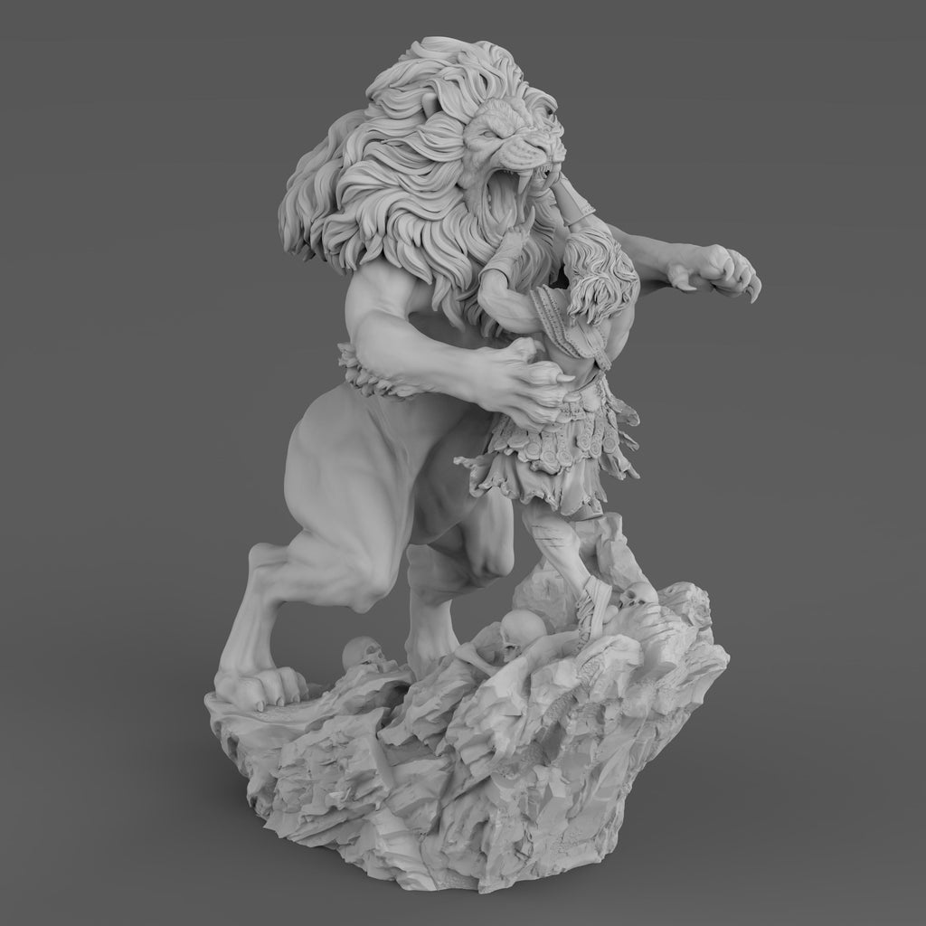 A sculpture of Heracles wrestling the Nemean Lion. The muscular hero grips the lion’s jaw, showcasing his strength. The beast’s mane is intricately detailed, and the rocky base features skulls. A dynamic and intense mythological scene.