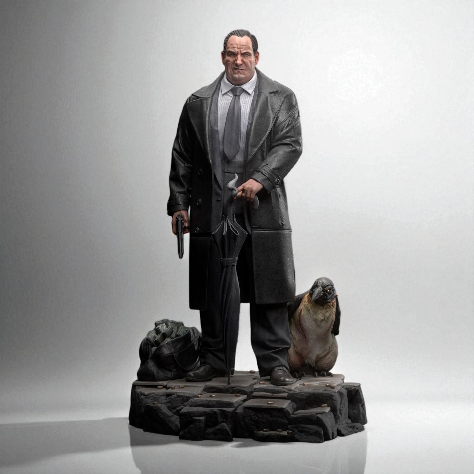 3D-printed figurine of The Penguin Man standing on a textured stone base, holding an umbrella and a gun, with two penguins by his side. The sculpture showcases detailed clothing folds and facial expression, making it ideal for collectors of cinematic or villain-inspired art pieces.