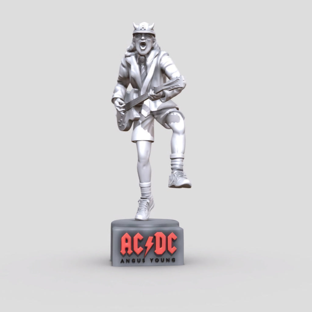 Statue of Angus Young from AC DC, depicted in a dynamic pose with his iconic guitar and schoolboy uniform, standing on a base engraved with the band's logo.