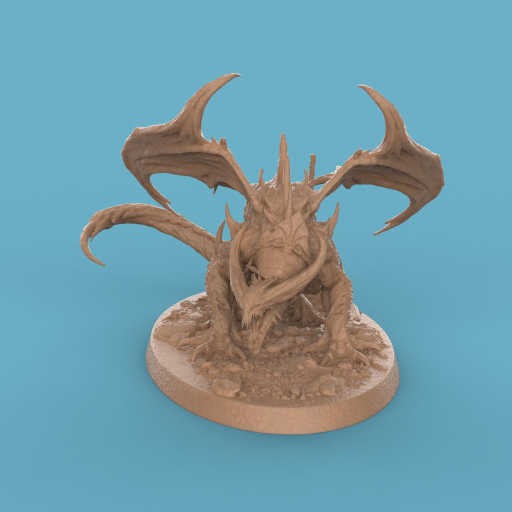 3D-printed statuette of a demonic dragon-like creature titled Hell Spawned Brood Attack. The beast crouches low on a rocky base, its body covered in spines and ridges with a menacing snarl. Large, bat-like wings arch upward, framing its muscular form, while twisted horns and sharp claws emphasize its ferocity. The detailed base includes scattered rocks, a skull, and a broken weapon, adding to the dark, infernal atmosphere.