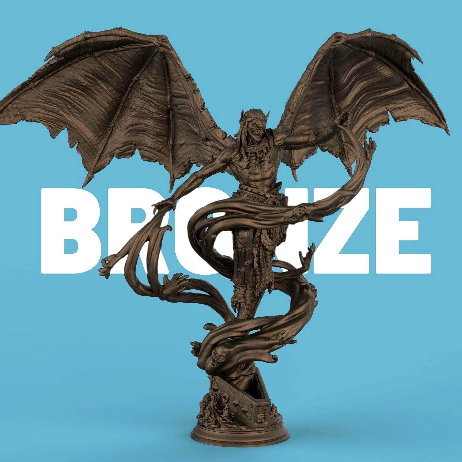 3D-printed statue of Elder Vampire Theldranax, a demonic figure with massive wings, sharp horns, and a muscular form. Twisting spectral hands and tendrils rise from the base, entwining the vampire as he looms with an ominous, commanding presence.