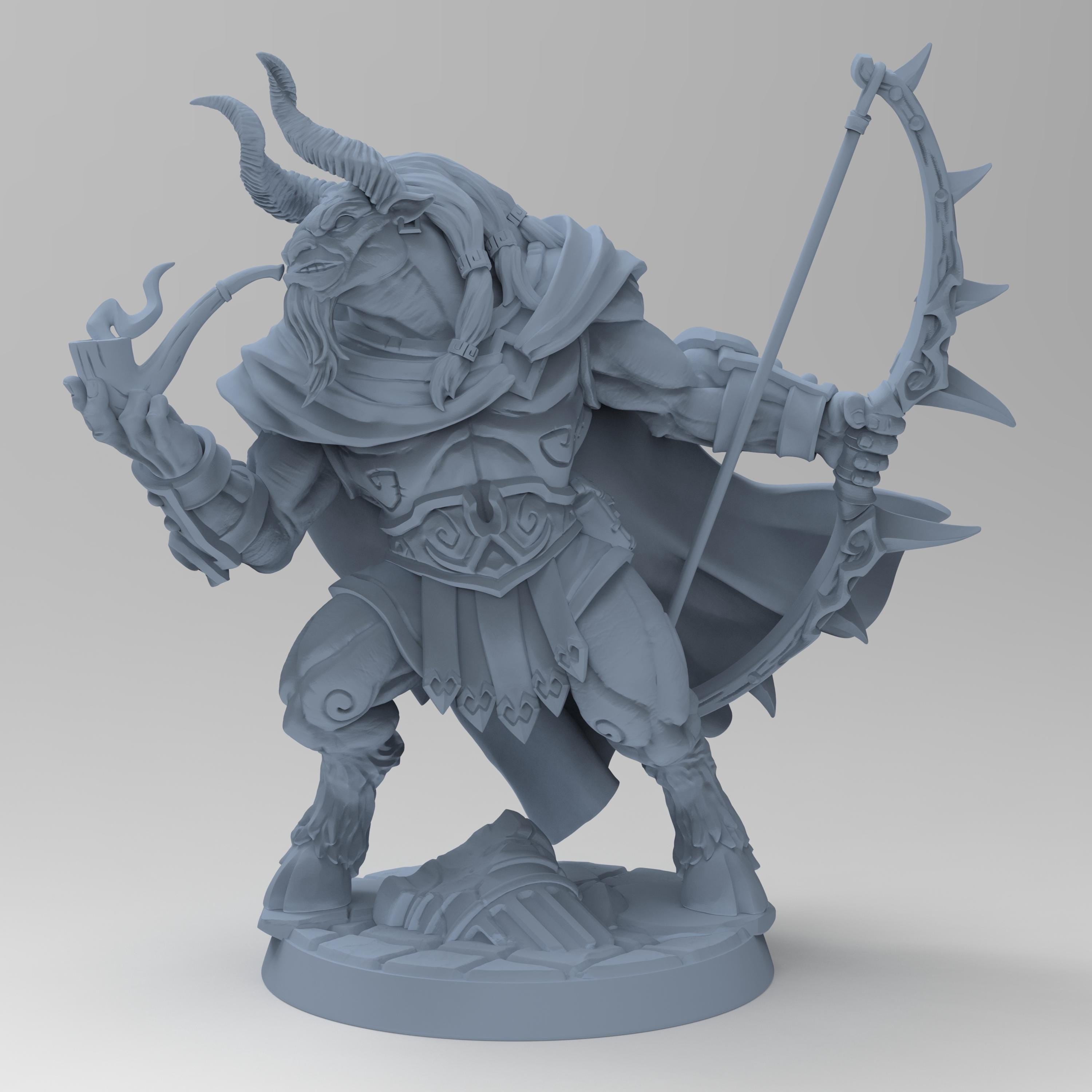 Arkos, the horned archer, strikes a pose with his ornate bow in one hand and a pipe in the other. Clad in ancient armor with a flowing cape, he stands over a broken helm, exuding calm dominance and mythic strength. A perfect fantasy tabletop hero.