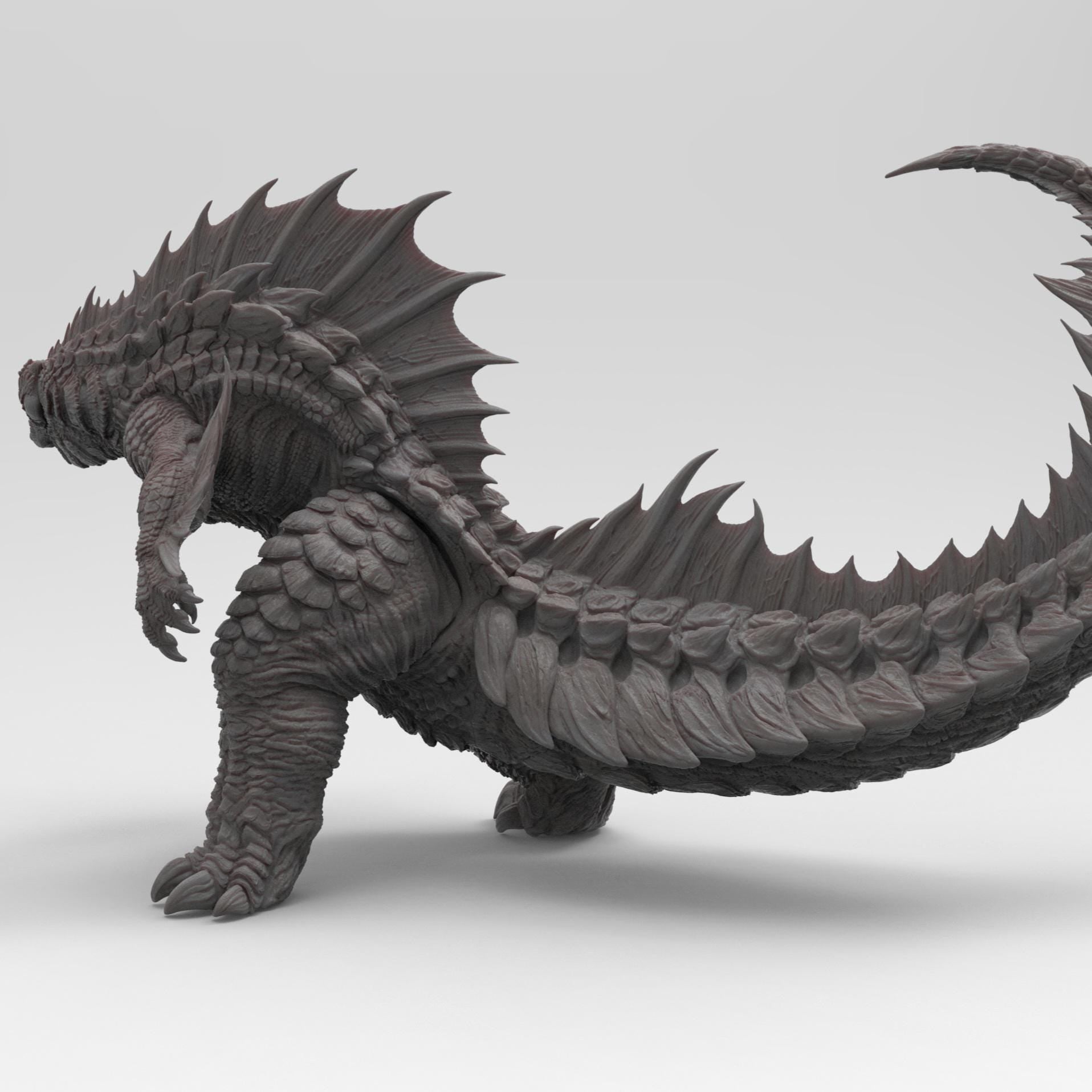 Highly detailed statue of Godzilla Reborn in a dynamic pose, showcasing sharp spines, textured scales, and an aggressive stance, rendered in a gray stone-like finish.