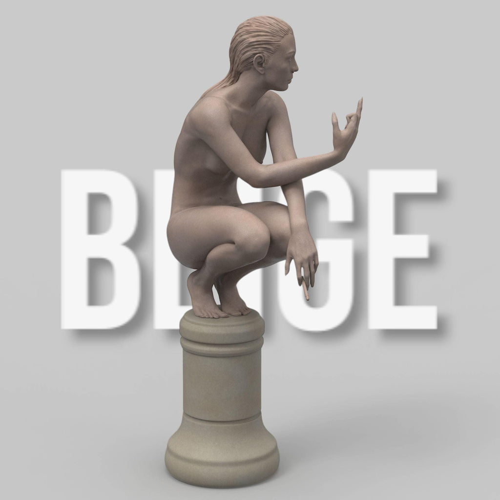 A nude woman squats on a chess piece pedestal, flipping her middle finger while holding a cigarette. Her defiant expression blends classical and modern art styles.
