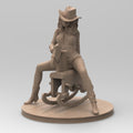 Antique wood-colored statue of a cowgirl wearing a hat and boots, riding a detailed rocking horse, posed on a circular wooden base with a rustic finish.