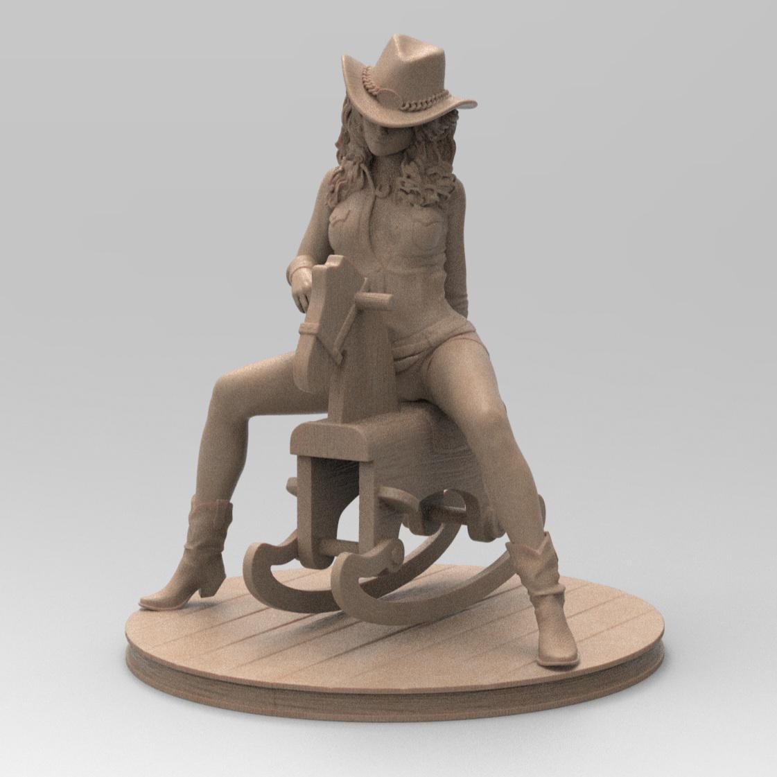 Antique wood-colored statue of a cowgirl wearing a hat and boots, riding a detailed rocking horse, posed on a circular wooden base with a rustic finish.