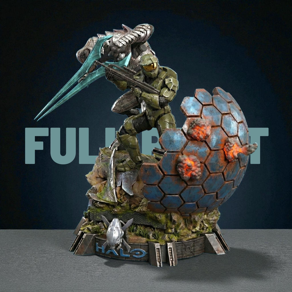 3D-printed diorama featuring the Arbiter and Master Chief locked in battle, captured in dynamic motion. The detailed scene showcases the two armored warriors clashing atop a sci-fi terrain with glowing energy blades and futuristic textures, embodying heroism, rivalry, and cinematic intensity — a perfect collectible for sci-fi fans and gamers.