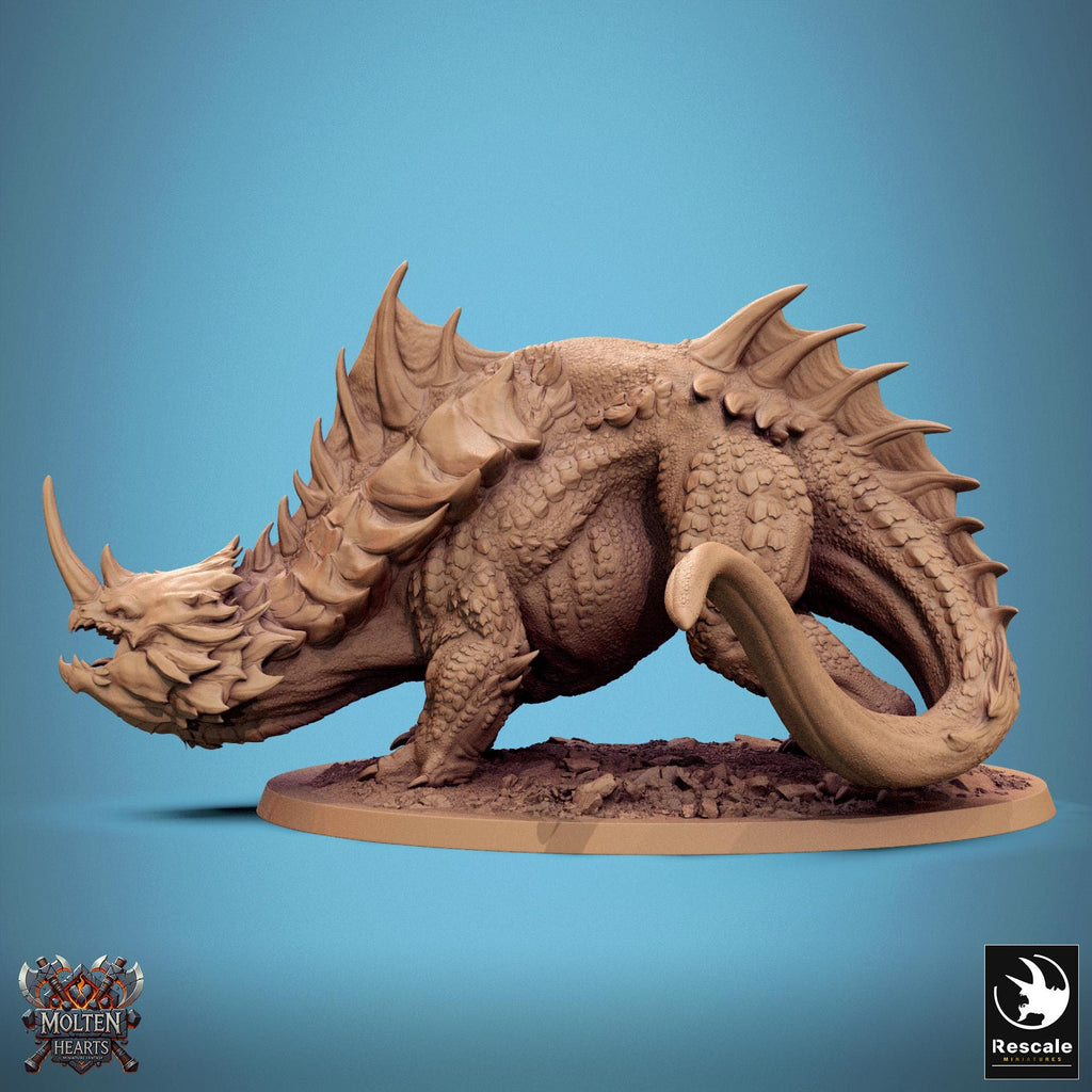 Drakanchor, a mighty war beast, carries a heavily armored warrior atop its spiked back. With rugged scales, massive horns, and an imposing stance, this fearsome mount is ready for battle. A stunning piece for collectors and tabletop RPG enthusiasts.