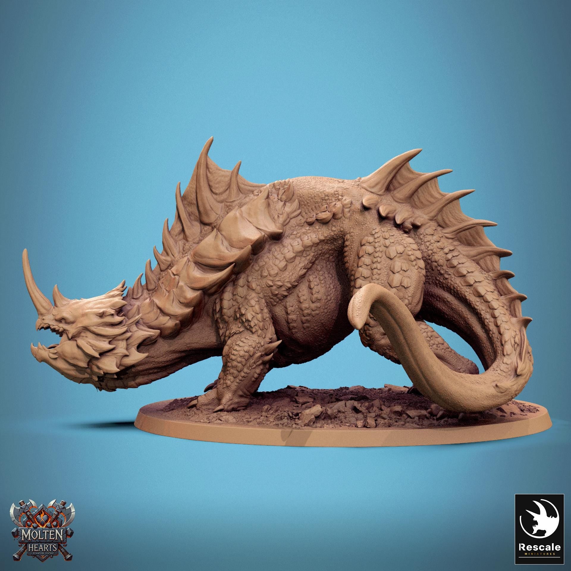 Drakanchor, a mighty war beast, carries a heavily armored warrior atop its spiked back. With rugged scales, massive horns, and an imposing stance, this fearsome mount is ready for battle. A stunning piece for collectors and tabletop RPG enthusiasts.
