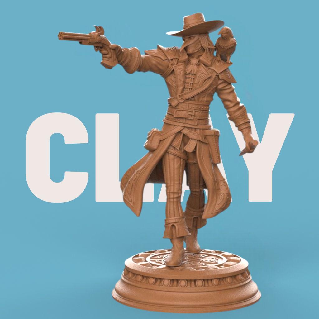 3D-printed miniature of a Vampire Hunter Gunslinger posed in a dynamic stance. The figure wears a wide-brimmed hat and long flowing coat detailed with ornate patterns. One arm extends forward aiming a revolver, while the other holds a weapon at the side. The base is circular with intricate carvings, enhancing the gothic and adventurous style of the character.