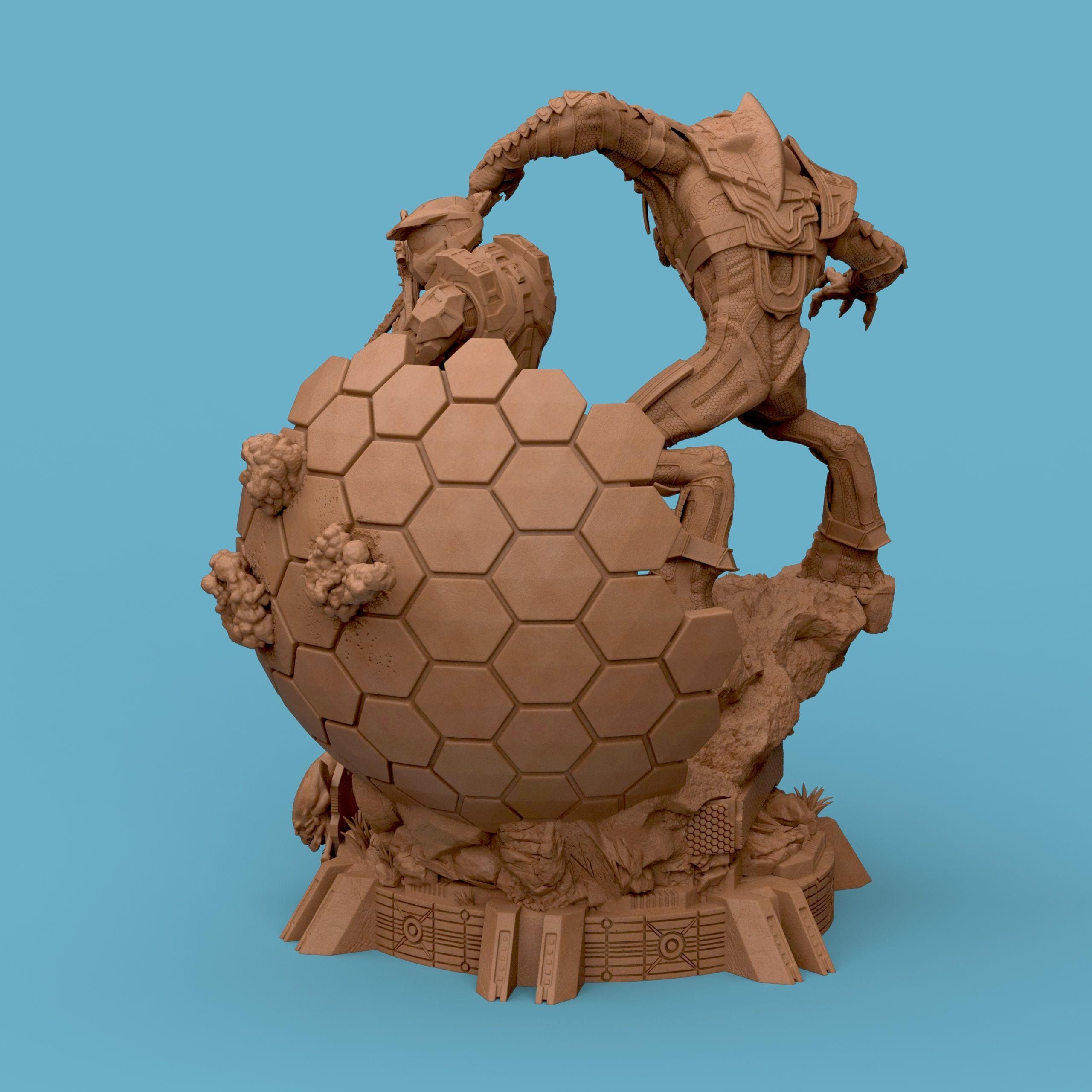 3D-printed diorama featuring the Arbiter and Master Chief locked in battle, captured in dynamic motion. The detailed scene showcases the two armored warriors clashing atop a sci-fi terrain with glowing energy blades and futuristic textures, embodying heroism, rivalry, and cinematic intensity — a perfect collectible for sci-fi fans and gamers.