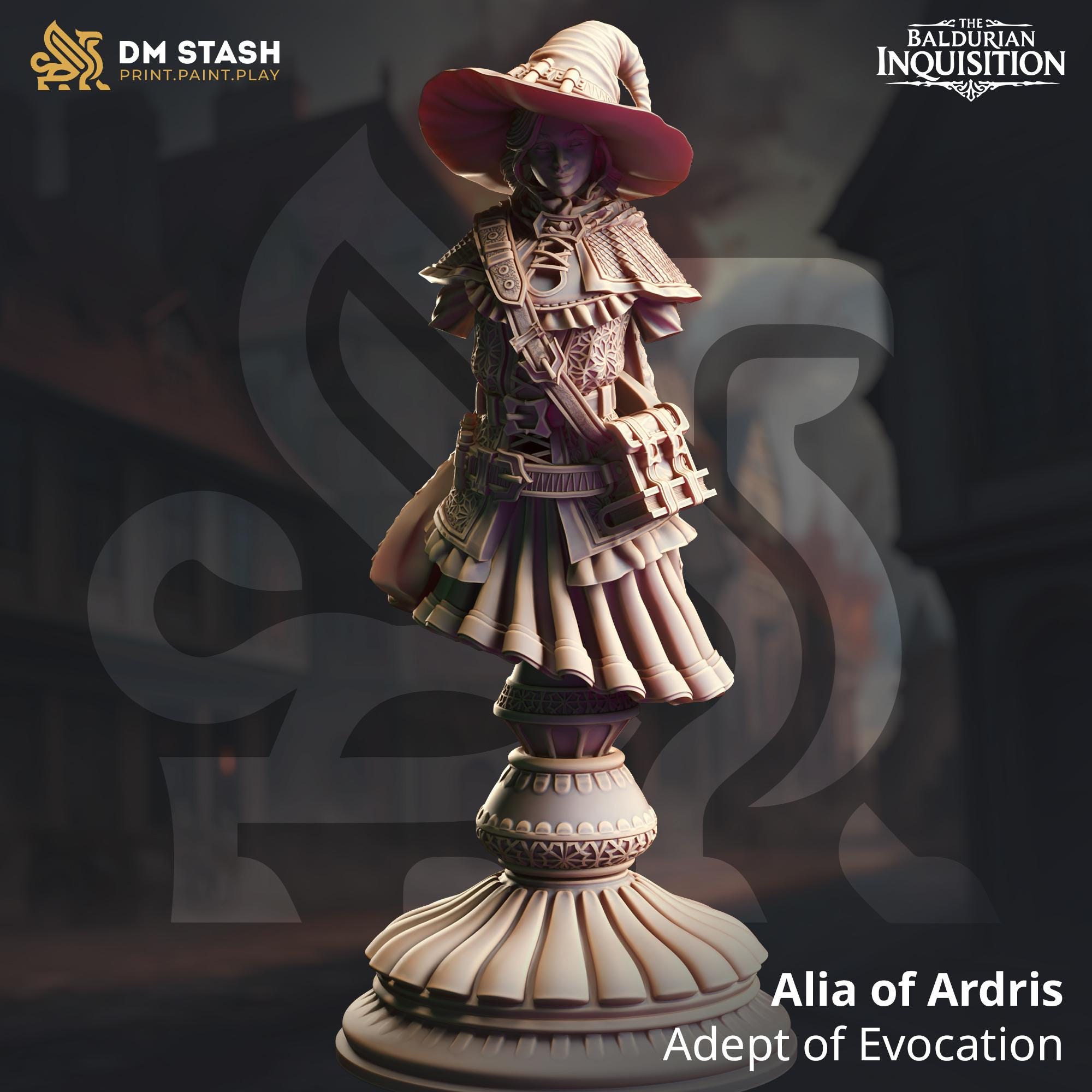 The Baldurian Inquisition by DM Stash. Highly detailed 3D miniatures featuring Lady Cirilia, Brutus Valentius, and Father McKinley, each intricately designed with unique weapons, armor, and dynamic poses.